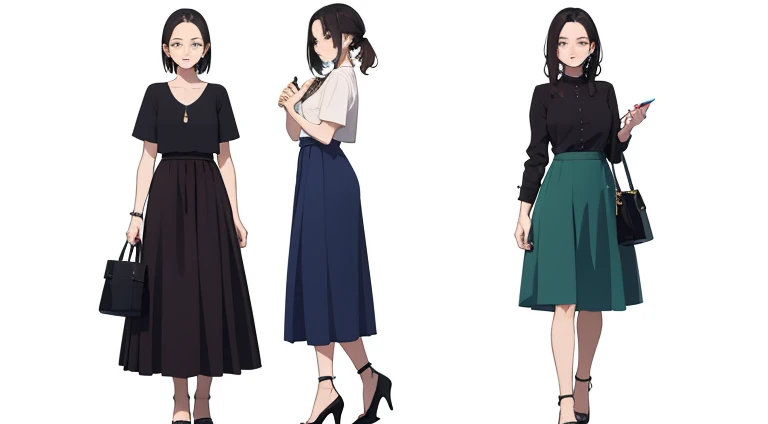 (((Best Quality))) , ((full body)), female, multiple views, white background, variety of hairstyles, variety of fashion styles, seductive pose, fashionable and trendy atmosphere, holding bag, long skirt, dressy casual, 
dark blue, dark orange, dark green, dark violet, brown, white,