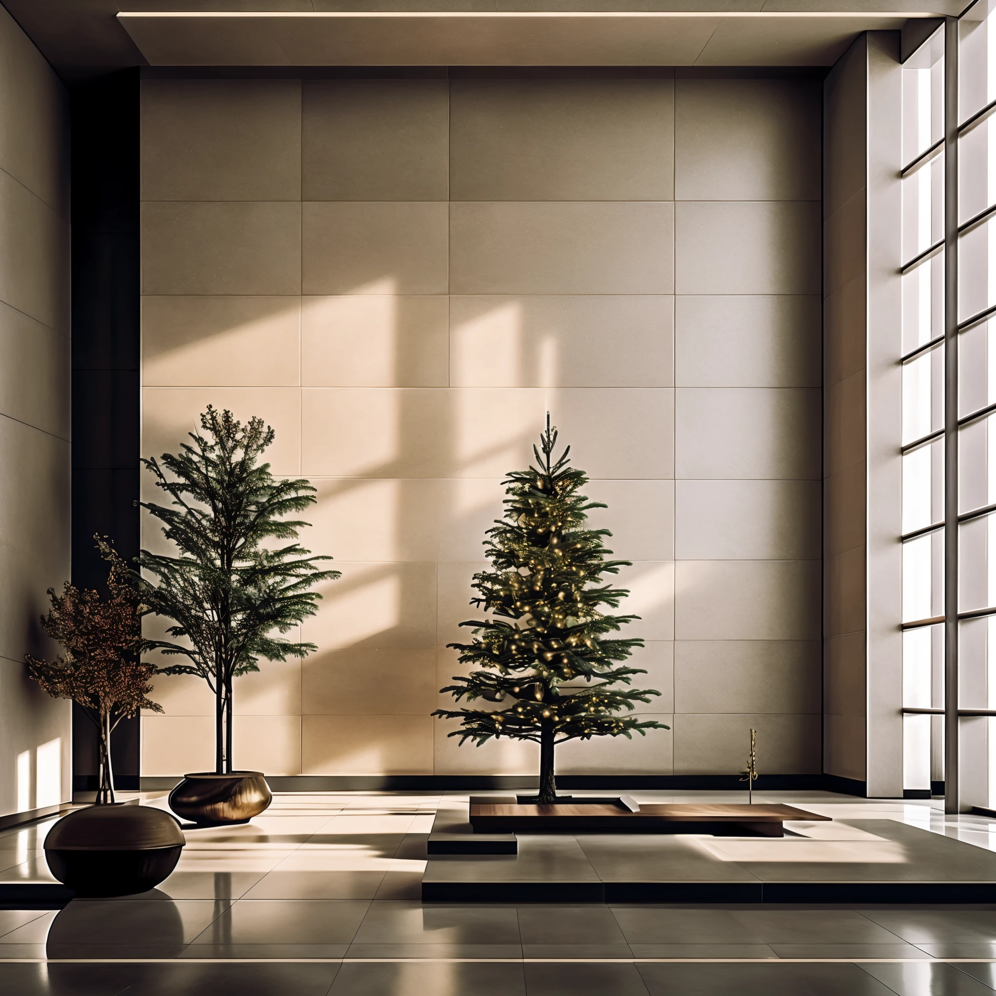 An ultra-detailed, high-resolution (best quality, 4k, 8k, highres, masterpiece:1.2), realistic (realistic, photorealistic, photo-realistic:1.37) artwork with a beautiful scenery and no humans. The scene is set indoors during Christmas time. The focal point of the image is a magnificent Christmas tree adorned with colorful ornaments and twinkling lights. The tree stands tall and grand in the center of the room, surrounded by beautifully patterned tiles that add depth to the image. Behind the tree, there are sliding doors leading to a patio with a glimpse of the outside world. The walls of the room are decorated with festive decorations, and a lush plant sits in one corner, adding a touch of greenery. Natural light streams through a large window, casting a warm and inviting glow on the scene. The air is filled with a sense of anticipation and joy as the room is filled with beautifully wrapped gifts waiting to be opened. The overall color palette is rich and vibrant, with a harmonious blend of red, green, and gold tones. The lighting is carefully crafted to create a cozy atmosphere, with soft shadows adding depth and dimension to the image. This artwork captures the spirit of Christmas and the beauty of the holiday season in a highly detailed and visually stunning way.