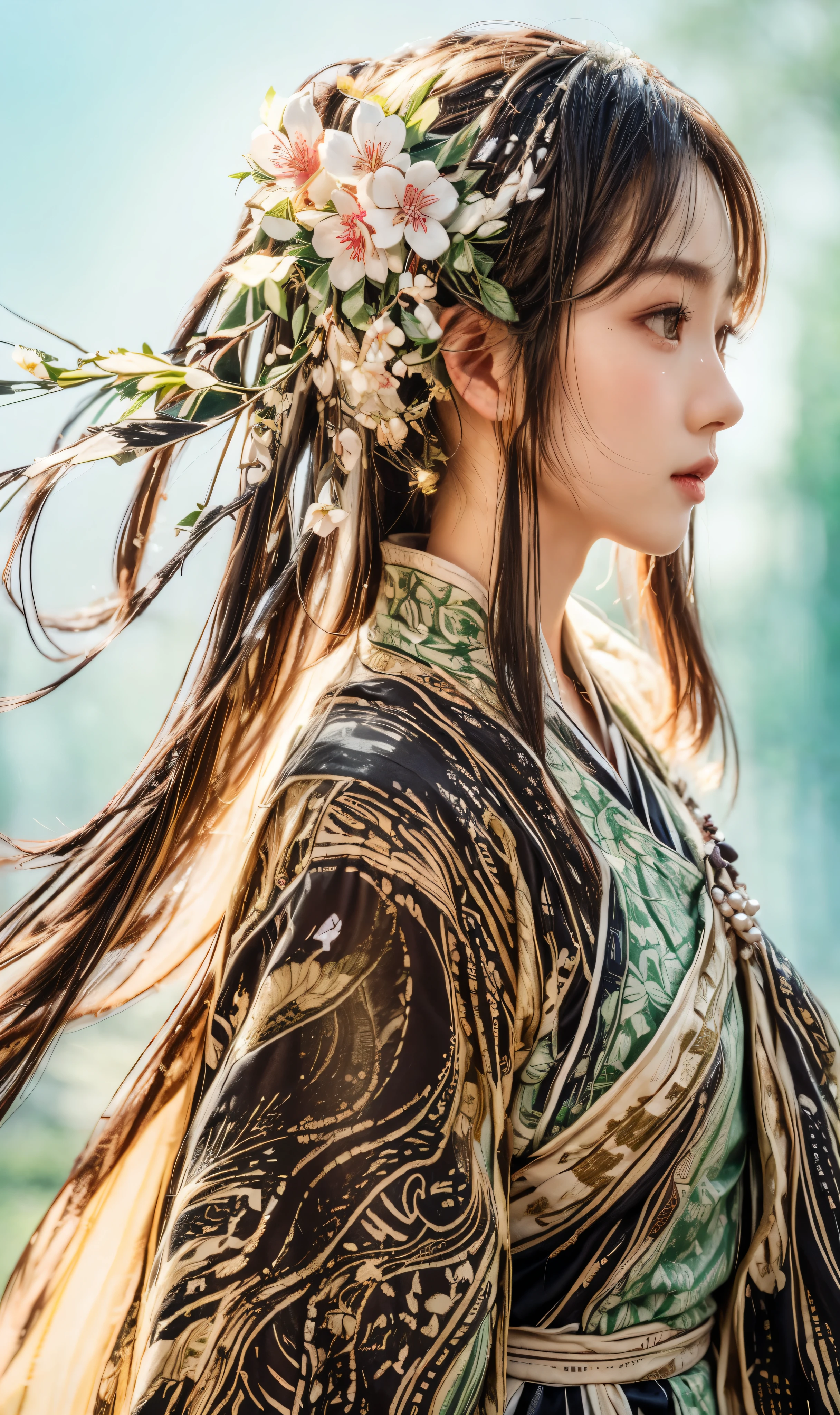 (one-girl, ancient Chinese, Large, delicate eyes, long and flowing hair),beautiful detailed lips,Delicate porcelain skin,flowing traditional clothing,Stand under the willow tree,in a peaceful garden,Cherry blossoms fall gently in the background,The mountains in the distance are shrouded in fog,Soft natural light,Chinese painting style,Bright colors full of nostalgia，Light green clothes，light blue band