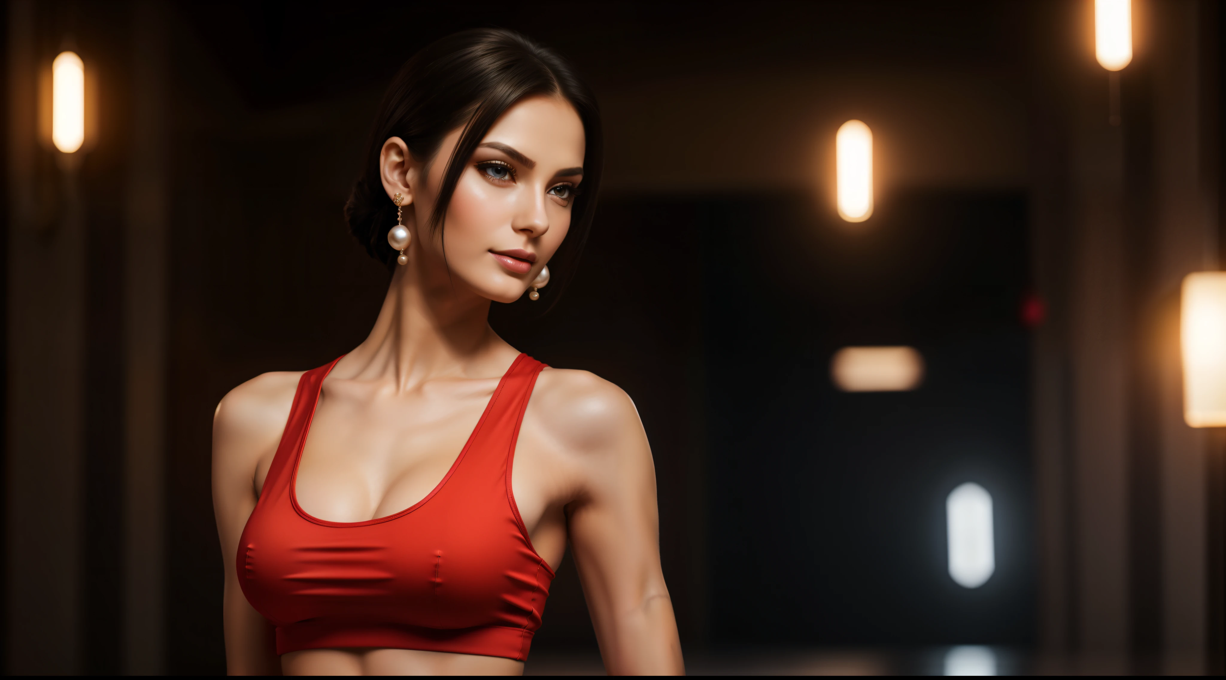 ((a badass girl (stand:1.2) (alone:1.6))),((full-body:1.2, cinematic-shot)),(best quality,4k,8k,highres,masterpiece:1.2),ultra-detailed,(realistic,photorealistic,photo-realistic:1.37),(beautiful and aesthetic:1.2),(film grain:1.3).

[(1girl),(solo),((1 person)),(17years-old),[Raiana-Elizabeth-Dilla],pearl skin,(skin pores:1.1),beautiful detailed eyes,beautiful detailed lips,extremely detailed eyes,longeyelashes,extremely detailed face and skin texture,(skin texture:1.1),black hair,tall and slender body,(192cm tall),thin and delicate figure,graceful posture,flawless skin,defined abs,perfect curves,feminine appearance,beautiful long legs,embodying elegance and beauty,(cleavage breasts,large breasts:1.4),((wearing a sexy ((red) tank-top) with (ultra-short (red) miniskirt)):1.4),extremely detailed and realistic (red) clothes,(shiny skin),((sharp focus:1.5)),(earringeathers:1.5),(happy expression,full smile)].

[fierce attitude, powerful gaze, confident expression, edgy fashion style, punk long-haircut, strong physique, tattoos, piercing eyes, studded gloves, high-heeled boots, smoking,  backdrop, dramatic lighting, vibrant colors].

Official art,extremely detailed,Angelic ethereal beauty,award-winning photography,professional photography,depth-of-field,bokeh.