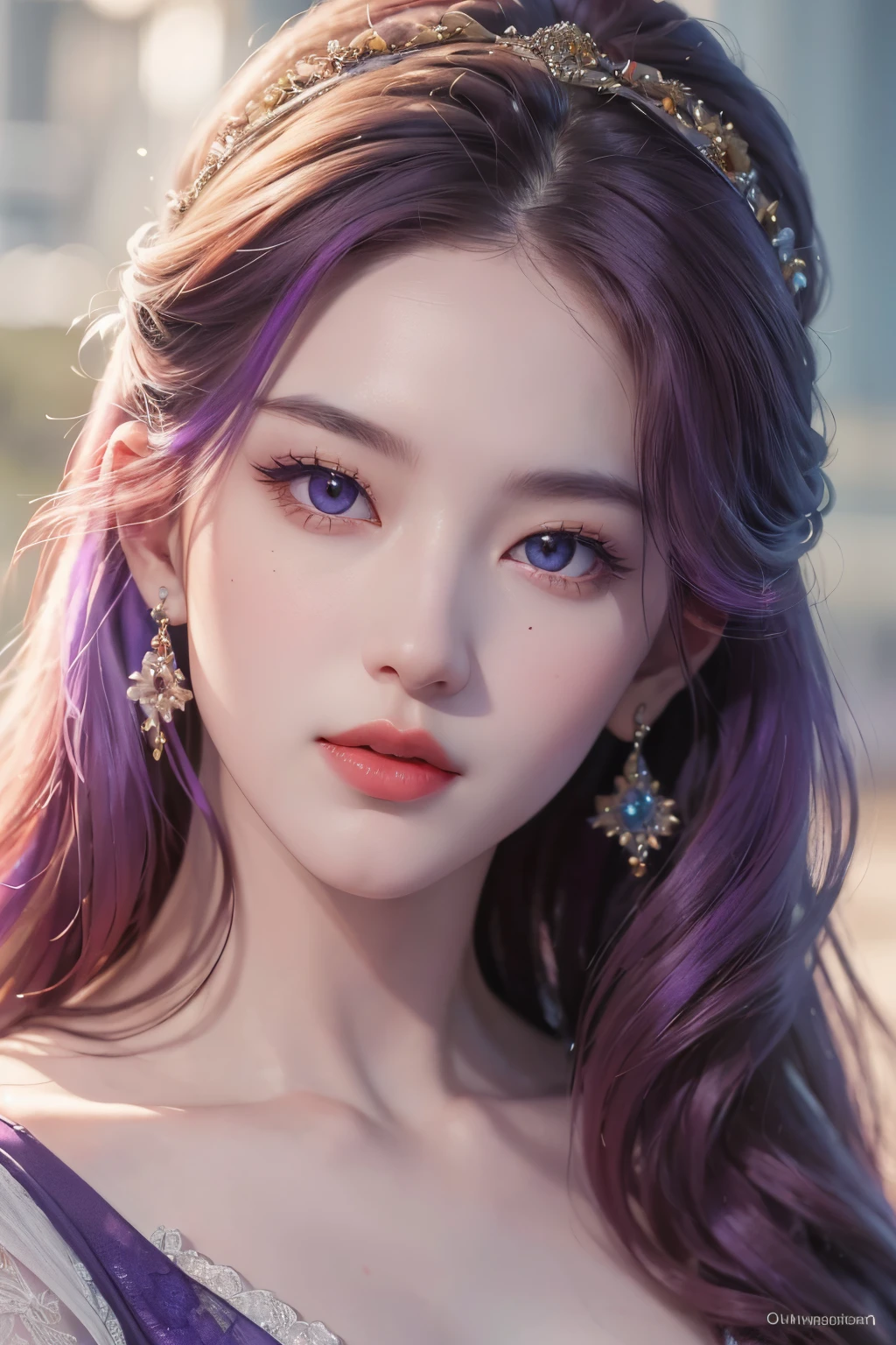 tmasterpiece), (realistically, RAW photogr, Best quality at best:),[:(脸上的the detail:1.2:0.2] , Nice face, (Realistic face), (the detail), Lilac hair color looks great，He wears a purple garland on his head，photorealistic eye，眼睛the detail不错，Sexy red lips，Violet flowers clean and refreshing background（real face real skin），The beautiful皮肤，purple dress，Romantic purple atmosphere，超高分辨率，超real photograph，The content is very detailed，the golden ratio、The graphic style iixing watercolor and digital illustration techniques、唤起tmasterpiece的精致之美和魅力, 超级the detail, 超高分辨率, (real photograph), High Definition RAW Color Photography, Extremely Delicately Beautiful, The content is very detailed,extremely detailed eye, highlydetailed skin,Highly detailed nose, The mouth is very detailed, perfect anatomia,Perfect NwsjMajic，，The content is very detailed，rich colourful，最高the detail，offcial art，ultra - detailed，The beautiful，tmasterpiece，Best quality，