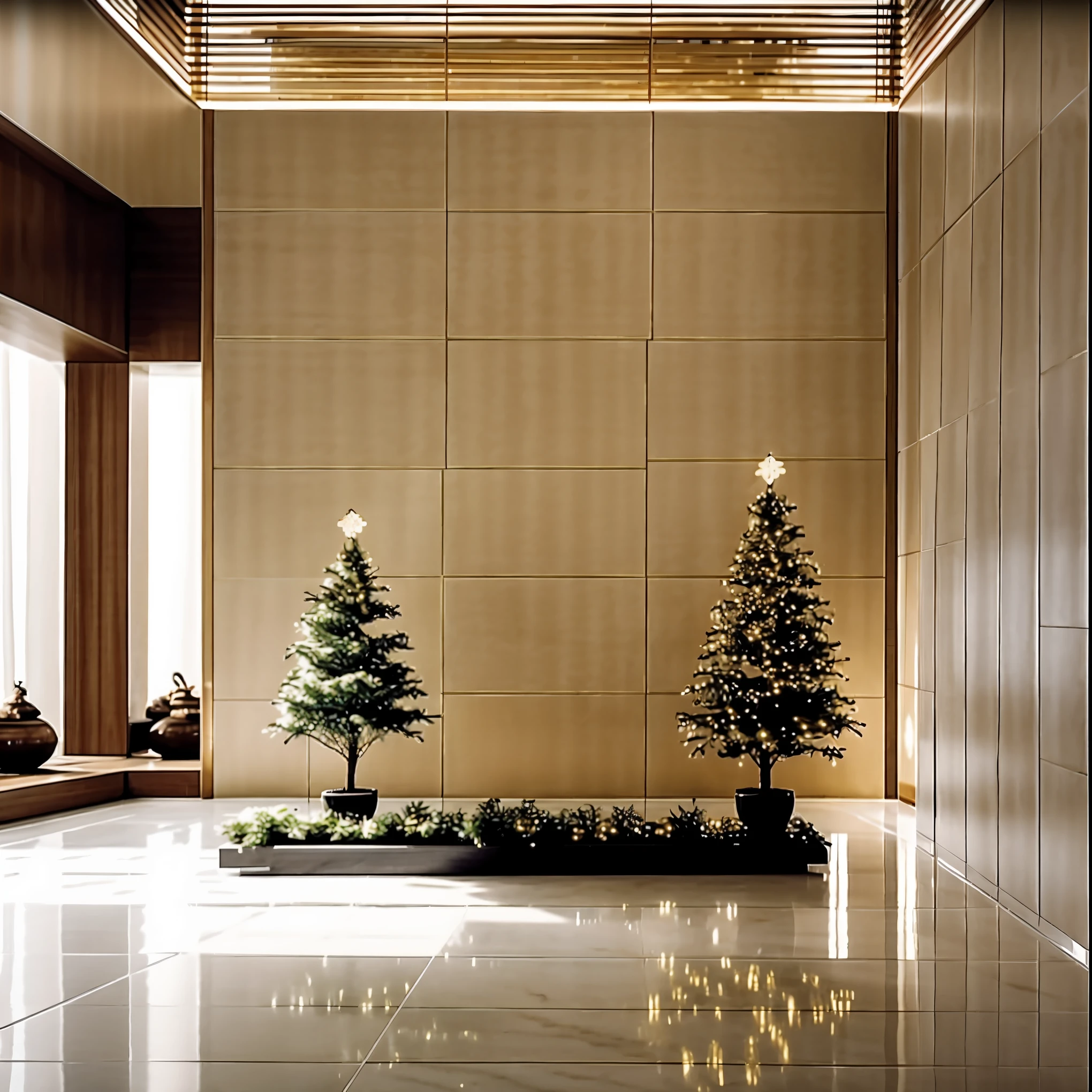 An ultra-detailed, high-resolution (best quality, 4k, 8k, highres, masterpiece:1.2), realistic (realistic, photorealistic, photo-realistic:1.37) artwork with a beautiful scenery and no humans. The scene is set indoors during Christmas time. The focal point of the image is a magnificent Christmas tree adorned with colorful ornaments and twinkling lights. The tree stands tall and grand in the center of the room, surrounded by beautifully patterned tiles that add depth to the image. Behind the tree, there are sliding doors leading to a patio with a glimpse of the outside world. The walls of the room are decorated with festive decorations, and a lush plant sits in one corner, adding a touch of greenery. Natural light streams through a large window, casting a warm and inviting glow on the scene. The air is filled with a sense of anticipation and joy as the room is filled with beautifully wrapped gifts waiting to be opened. The overall color palette is rich and vibrant, with a harmonious blend of red, green, and gold tones. The lighting is carefully crafted to create a cozy atmosphere, with soft shadows adding depth and dimension to the image. This artwork captures the spirit of Christmas and the beauty of the holiday season in a highly detailed and visually stunning way.
