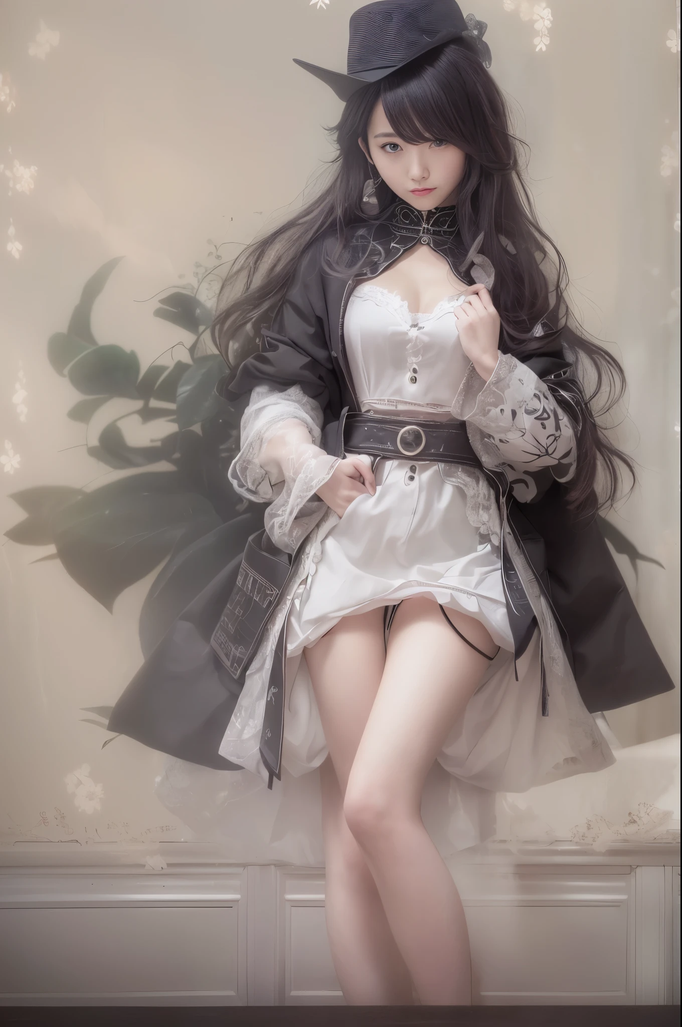(Raw photo, Best Quality), (Realistic, Photorealsitic:1.3), masutepiece, extremely delicate and beautiful, Extremely detailed, nffsw, Unity, amazing, finely detail, Ultra-detailed, hight resolution, absurderes, Soft light, (Black hair, Short hair, Curly hair, hair messy, Bangor Tiful Detail Girl, Detailed fingers, extremely detailed eye and face, beautiful detailed nose, Beautiful detailed eyes, (Light on Face), Looking at Viewer, (Closed mouth:1.2), 1girl in, Cute, 年轻, pale skin, (Half body:1.3, sittingium'breastsout), Realistic face, Realistic body, beautiful detailed thigh, (ulzzang -6500-v1.1:0.6), Black shirt, (Semi-smile:1.3),cowboy shot