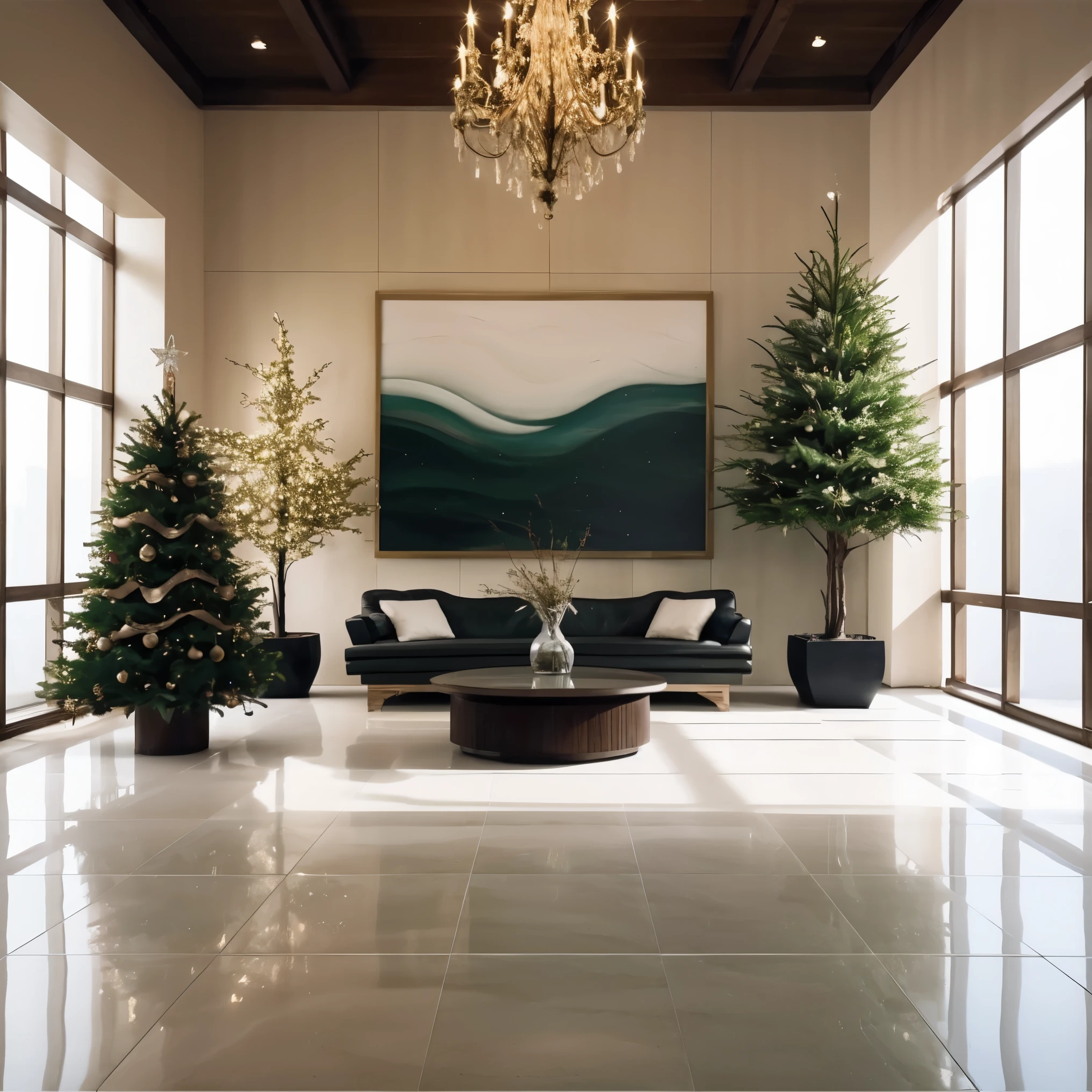 An ultra-detailed, high-resolution (best quality, 4k, 8k, highres, masterpiece:1.2), realistic (realistic, photorealistic, photo-realistic:1.37) artwork with a beautiful scenery and no humans. The scene is set indoors during Christmas time. The focal point of the image is a magnificent Christmas tree adorned with colorful ornaments and twinkling lights. The tree stands tall and grand in the center of the room, surrounded by beautifully patterned tiles that add depth to the image. Behind the tree, there are sliding doors leading to a patio with a glimpse of the outside world. The walls of the room are decorated with festive decorations, and a lush plant sits in one corner, adding a touch of greenery. Natural light streams through a large window, casting a warm and inviting glow on the scene. The air is filled with a sense of anticipation and joy as the room is filled with beautifully wrapped gifts waiting to be opened. The overall color palette is rich and vibrant, with a harmonious blend of red, green, and gold tones. The lighting is carefully crafted to create a cozy atmosphere, with soft shadows adding depth and dimension to the image. This artwork captures the spirit of Christmas and the beauty of the holiday season in a highly detailed and visually stunning way.