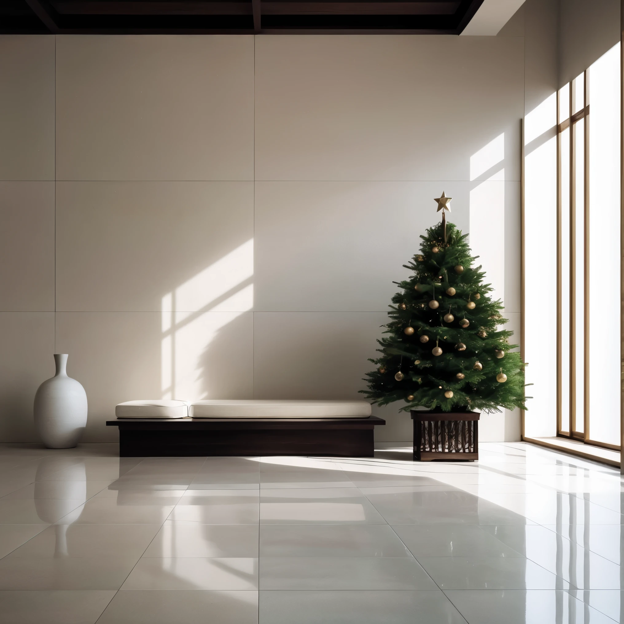 An ultra-detailed, high-resolution (best quality, 4k, 8k, highres, masterpiece:1.2), realistic (realistic, photorealistic, photo-realistic:1.37) artwork with a beautiful scenery and no humans. The scene is set indoors during Christmas time. The focal point of the image is a magnificent Christmas tree adorned with colorful ornaments and twinkling lights. The tree stands tall and grand in the center of the room, surrounded by beautifully patterned tiles that add depth to the image. Behind the tree, there are sliding doors leading to a patio with a glimpse of the outside world. The walls of the room are decorated with festive decorations, and a lush plant sits in one corner, adding a touch of greenery. Natural light streams through a large window, casting a warm and inviting glow on the scene. The air is filled with a sense of anticipation and joy as the room is filled with beautifully wrapped gifts waiting to be opened. The overall color palette is rich and vibrant, with a harmonious blend of red, green, and gold tones. The lighting is carefully crafted to create a cozy atmosphere, with soft shadows adding depth and dimension to the image. This artwork captures the spirit of Christmas and the beauty of the holiday season in a highly detailed and visually stunning way.