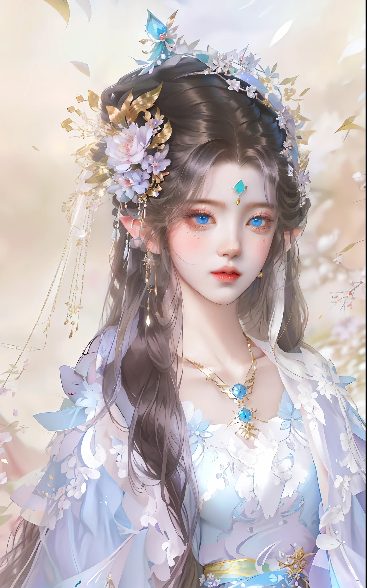 wearing blue dress、Long-haired anime girl wearing a crown, ((beautiful fantasy queen beautiful fantasy queen, Belle peinture de personnage, EtherealBeauty, beautiful anime woman, fantasy art style, beautiful anime style, Beautiful fantasy anime, A beautiful anime portrait, anime goddess, Beautiful anime girls, beautiful and elegant elf queen, Ethereal fantasy, 宮 ， A girl in Hanfu