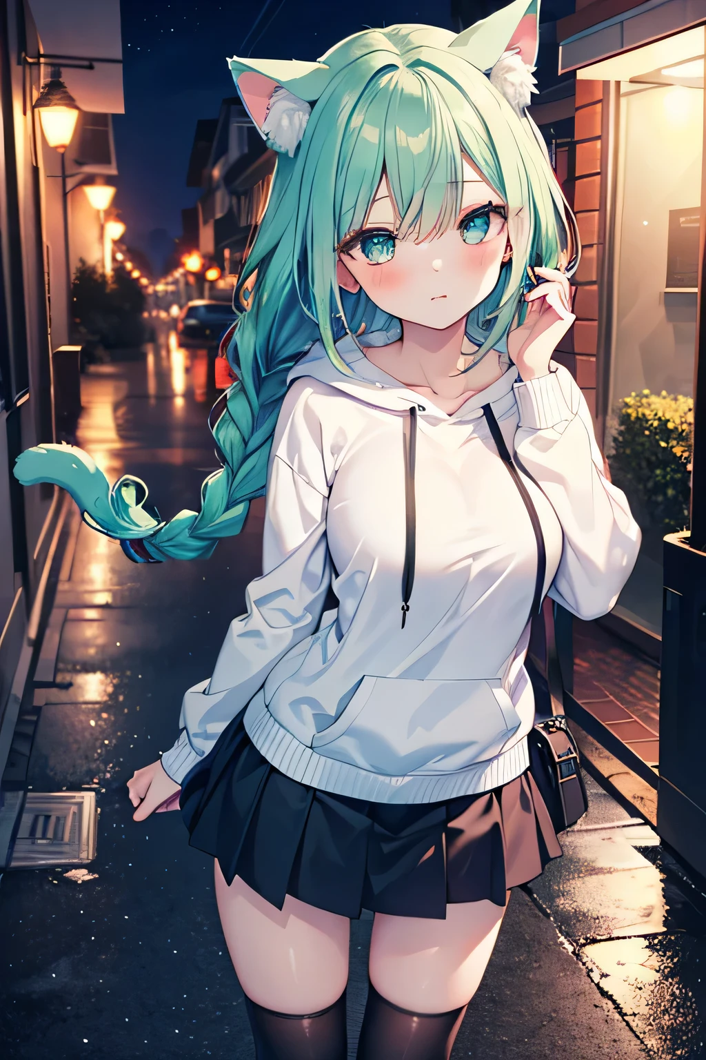((masutepiece)), ((Best Quality)), ((8K)), High resolution, 1girl in, Cat ears, walkway, Night, Hoodie, Skirt, knee high, Looking Up, Green eye, aqua hair, Red hair, Long hair, braid, pale skin, Large breasts, blush, Half closed eyes,