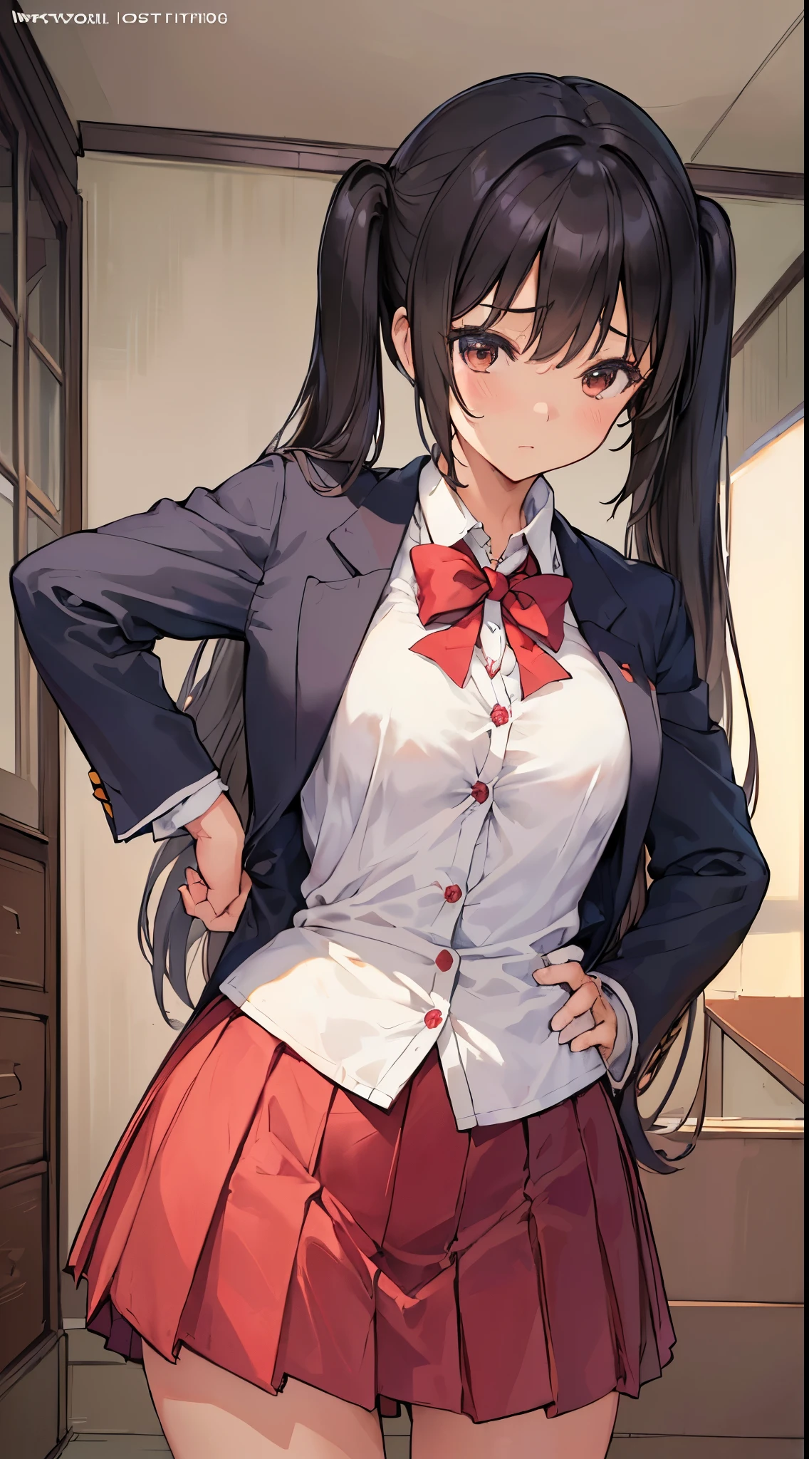 1girl, ((((Masterpiece))), Best Quality, Best Quality, High Detail, Azusa Nakano, 1girl, Sakuragaoka High School Uniform, Musical Instrument, School Uniform, Twin Tails, Long Hair, Black Hair, Brown Eyes, Solo, Red, Dark blue blazer with a thin ribbon of red, Solid white button shirt under blazer, Illustration, Cartoon, Soothing tones, Muted colors, Soft cinematic light, Adobe Lightroom, Photo Lab, HDR, complex and highly detailed, (((depth of field))))). (((Masterpiece))). (((highest quality))).) ((super detail))). (((Illustration))). (((Indoor))). (((hands on hips)))). Breasts,(((room))).dynamic focus.small breasts.