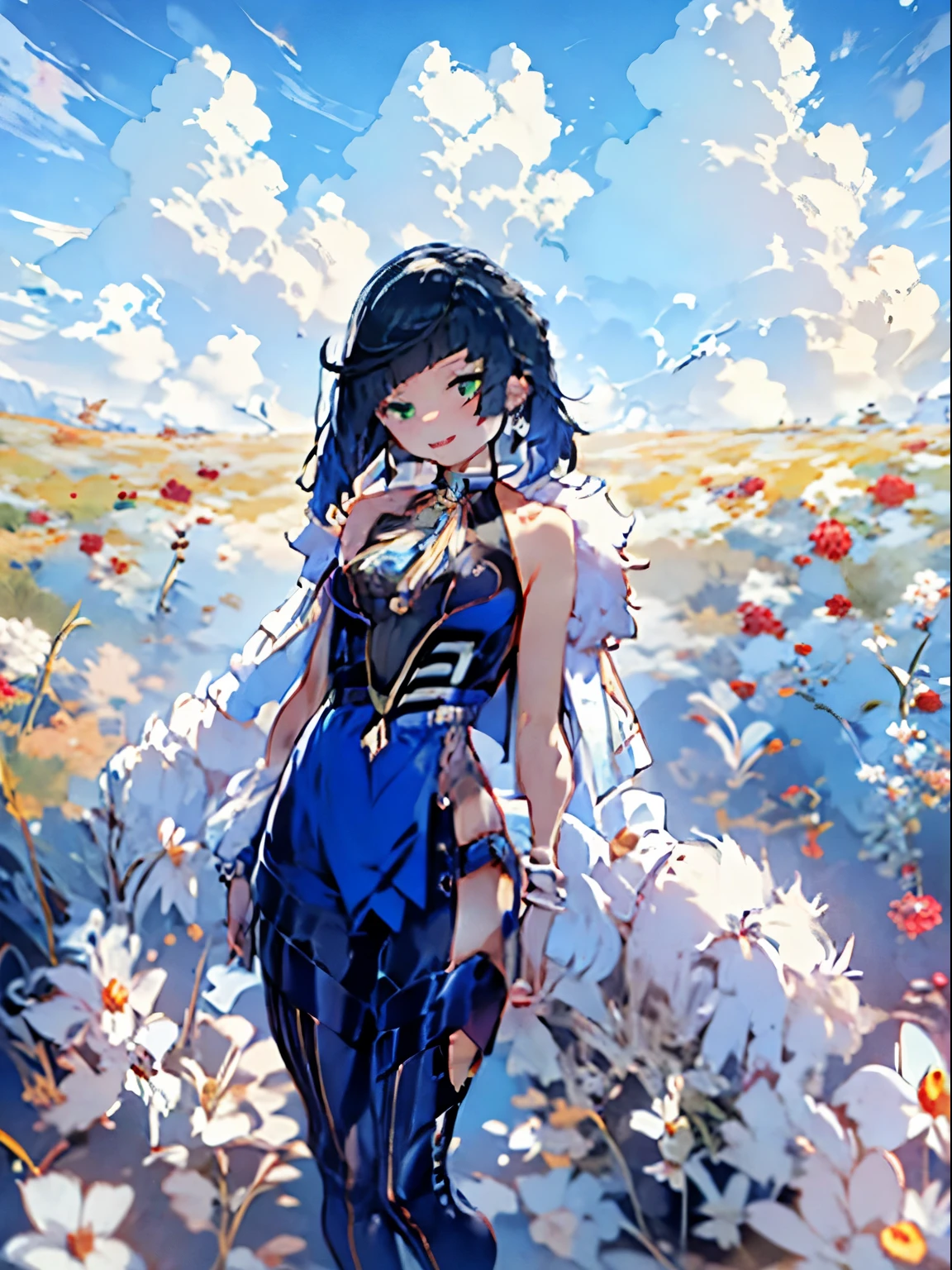 masterpiece, best quality, 1girl, yelan, genshin impact, black hair, dark blue hair, short hair, light emerald-green eyes, tall, pale skin, blue qipao-like overcoat and a dark bodysuit embellished with silver detail, white bracelets on her arms, a number of chokers and necklaces around her neck from which a charm resembling a die hangs, white coat hanging from the back of her outfit, thigh-high boots that leave a part of her thigh exposed, where her Hydro Vision is attached, a pair of white blue-tipped earrings resembling teardrops, smile, showing teeth, eyes close, holding glaze lily flower, park, garden of glaze lily's flower, blue sky, trees, white cloud