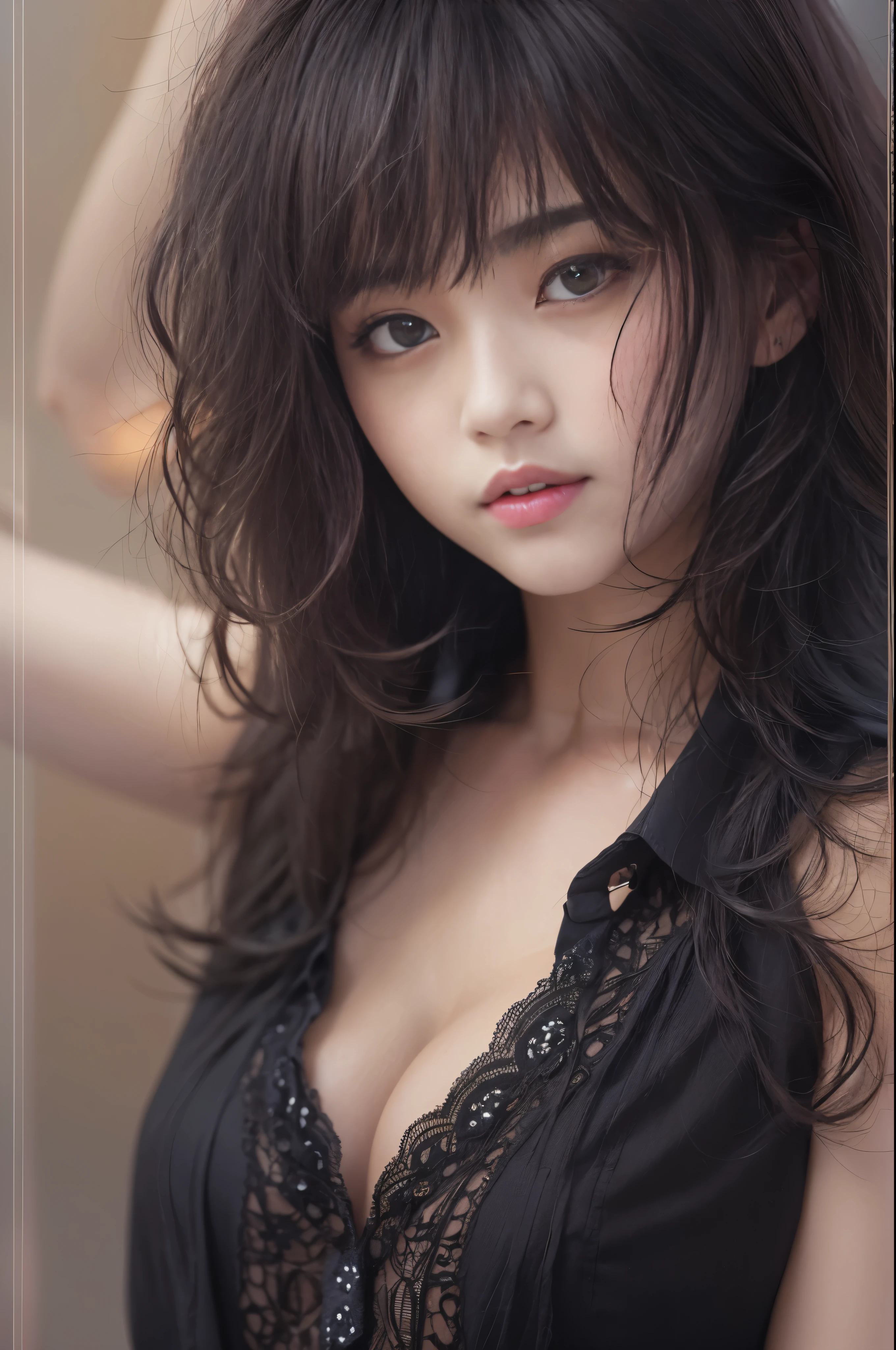 (Raw photo, Best Quality), (Realistic, Photorealsitic:1.3), masutepiece, extremely delicate and beautiful, Extremely detailed, nffsw, Unity, amazing, finely detail, Ultra-detailed, hight resolution, absurderes, Soft light, (Black hair, Short hair, Curly hair, hair messy, Bangor Tiful Detail Girl, Detailed fingers, extremely detailed eye and face, beautiful detailed nose, Beautiful detailed eyes, (Light on Face), Looking at Viewer, (Closed mouth:1.2), 1girl in, Cute, 年轻, pale skin, (Half body:1.3, sittingium'breastsout), Realistic face, Realistic body, beautiful detailed thigh, (ulzzang -6500-v1.1:0.6), Black shirt, (Semi-smile:1.3),cowboy shot