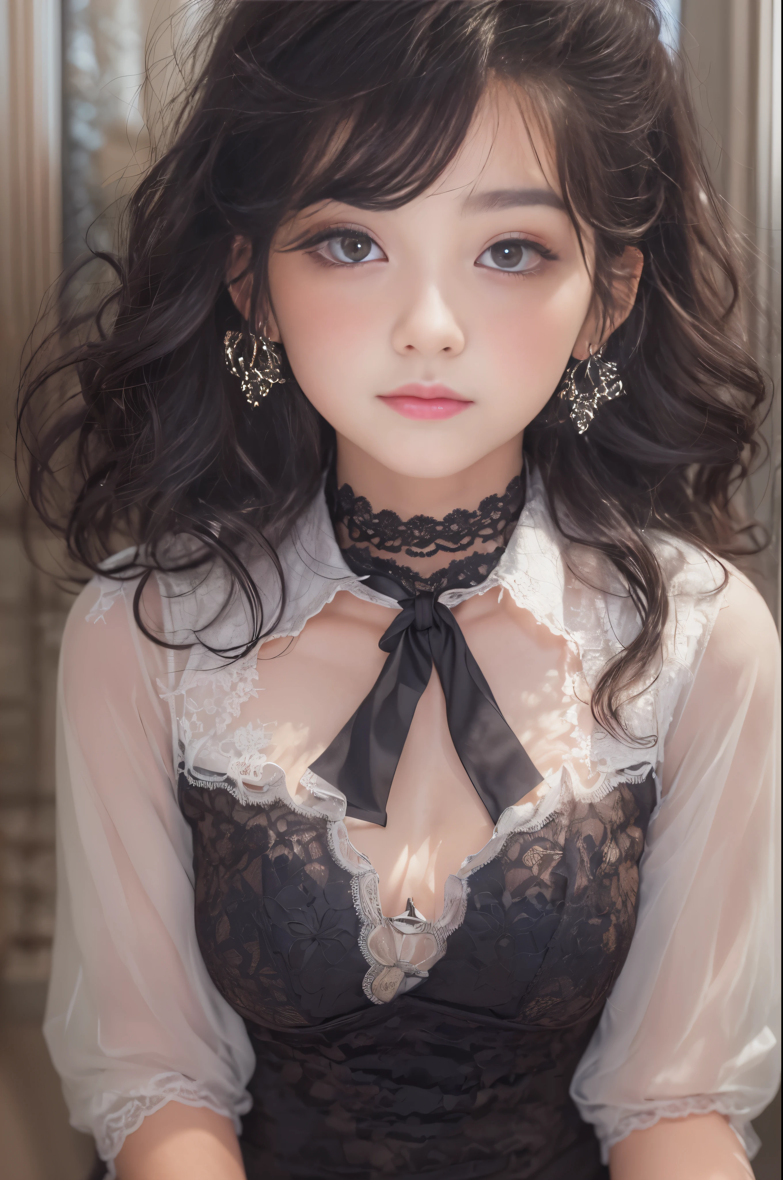 (Raw photo, Best Quality), (Realistic, Photorealsitic:1.3), masutepiece, extremely delicate and beautiful, Extremely detailed, nffsw, Unity, amazing, finely detail, Ultra-detailed, hight resolution, absurderes, Soft light, (Black hair, Short hair, Curly hair, hair messy, Bangor Tiful Detail Girl, Detailed fingers, extremely detailed eye and face, beautiful detailed nose, Beautiful detailed eyes, (Light on Face), Looking at Viewer, (Closed mouth:1.2), 1girl in, Cute, 年轻, pale skin, (Half body:1.3, sittingium&#39;breastsout), Realistic face, Realistic body, beautiful detailed thigh, (ulzzang -6500-v1.1:0.6), Black shirt,  (Semi-smile:1.3),cowboy  shot