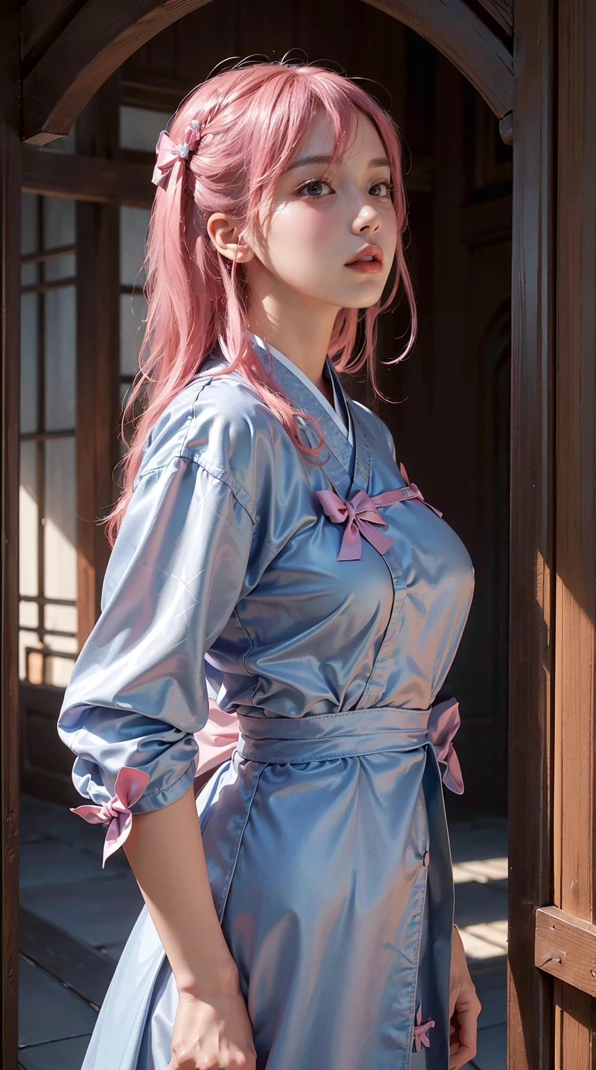 (finely detailed beautiful eyes and detailed face,Masterpiece sidelighting,Masterpiece,Best Quality,detailed,high resolution illustration),, (1Girl,Whole body,bishoujo,wlop glossy skin,Looking down,looking up at viewer),, (Pink hair,Blue Eyes,bows,hanbok, 한국 clothed), (clothed_underbust:1.2),underboob,