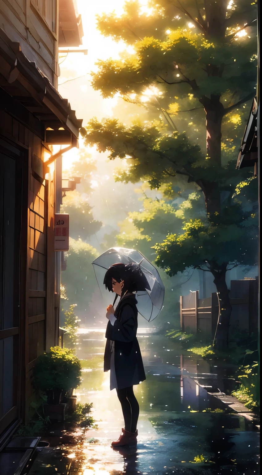 animesque、shoun、beautiful anime artwork, style of anime、4K、rainy day, the woods,rain drops, sun light,makoto shinkai