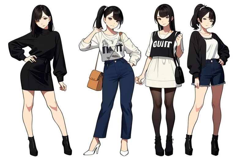 (((Best Quality))) , ((full body)), female, multiple views, white background, variety of hairstyles, variety of fashion styles, seductive pose, fashionable and trendy atmosphere, holding bag,