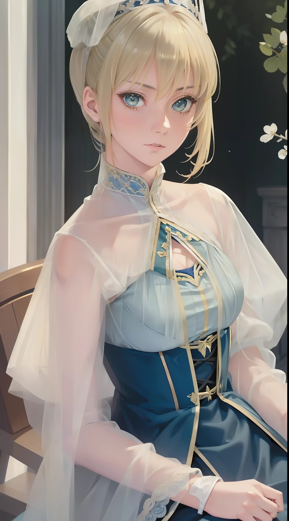 (Saber Artoria), blonde, green eyes, house setting, graceful sitting, portrait, extremely detail 8k anime cg.