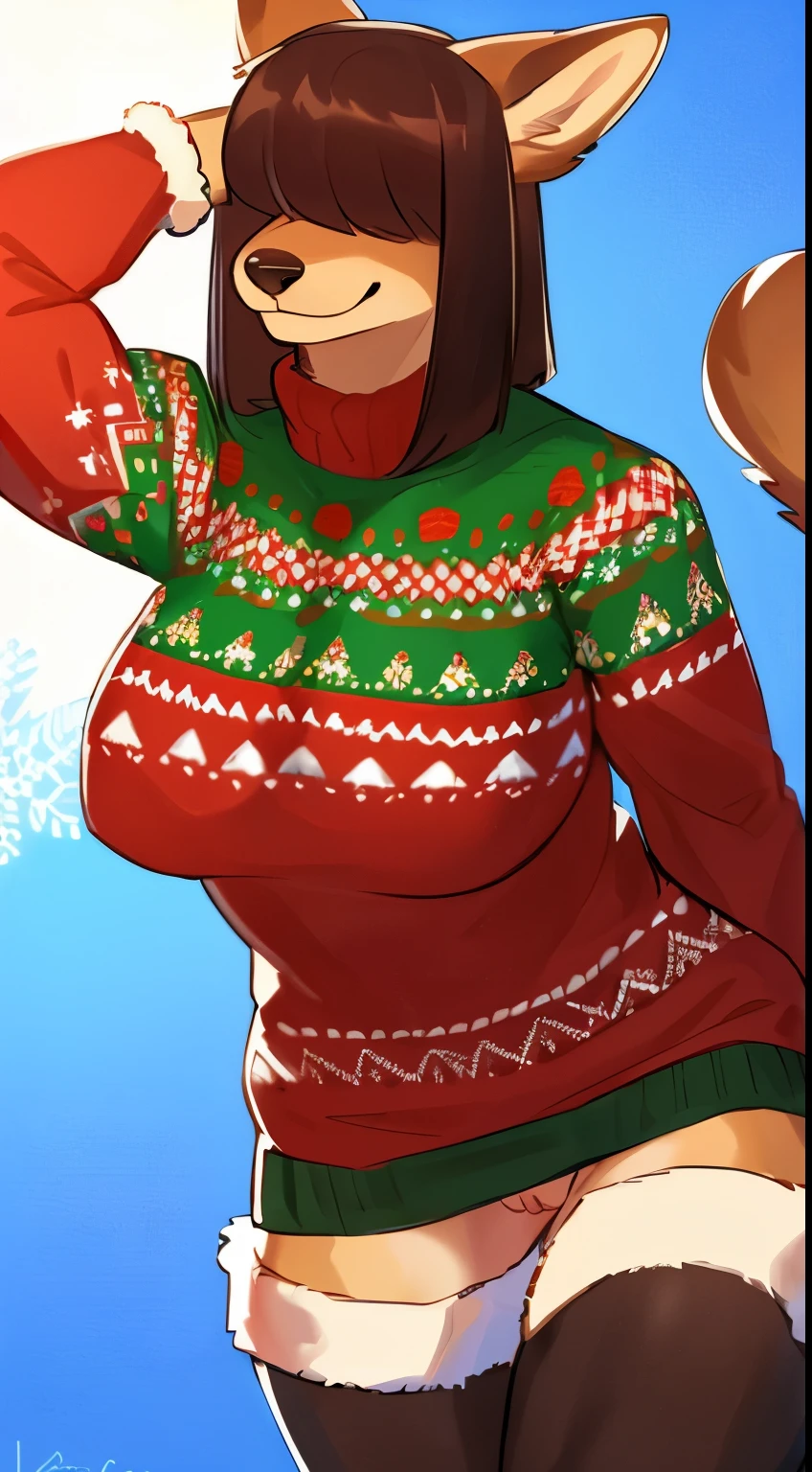 By bebebebebe, by lostgoose, by goonie-san, female, ((canine, snout, hair covering eyes, straight hair, medium hair, flat hair, ears, thin snout)), brown fur, big poofy tail, raised tail, dark maroon hair, (muscular, big breasts), solo, smiling, happy, (((ugly christmas sweater))), no pants, no underwear, bottomless, vagina