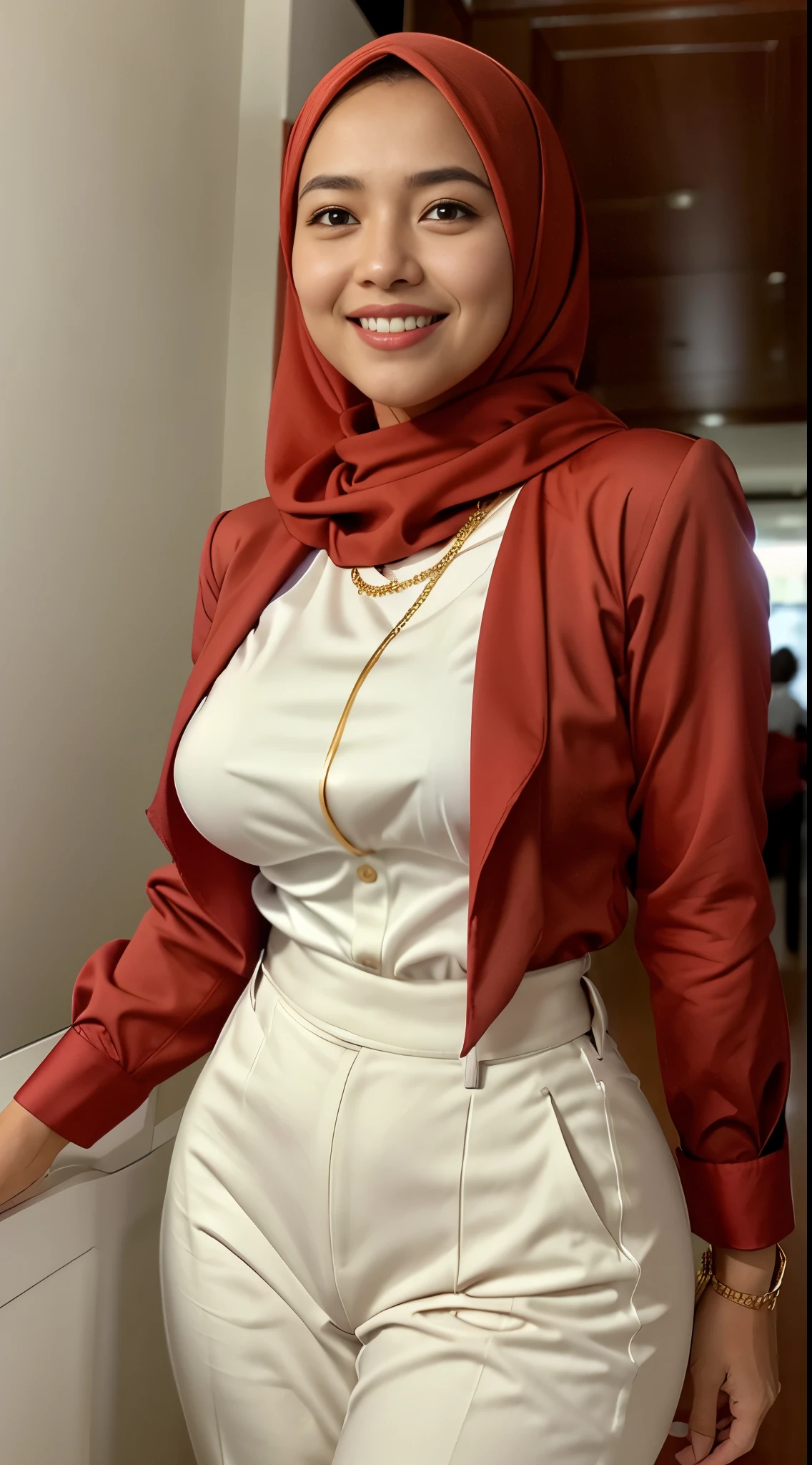 Malay girl long red hijab , wear sexy white office shirt and high waist pants, suits, smiling, wear big gold necklace chain, front view, windy, detail skin, age spot, detail skin texture, mole below eyes, wide hips, thick thighs, beautiful body, morning, laughing, happy, bright lighting, people in background, nighttime, blur background, bokeh, location: kuala lumpur city street