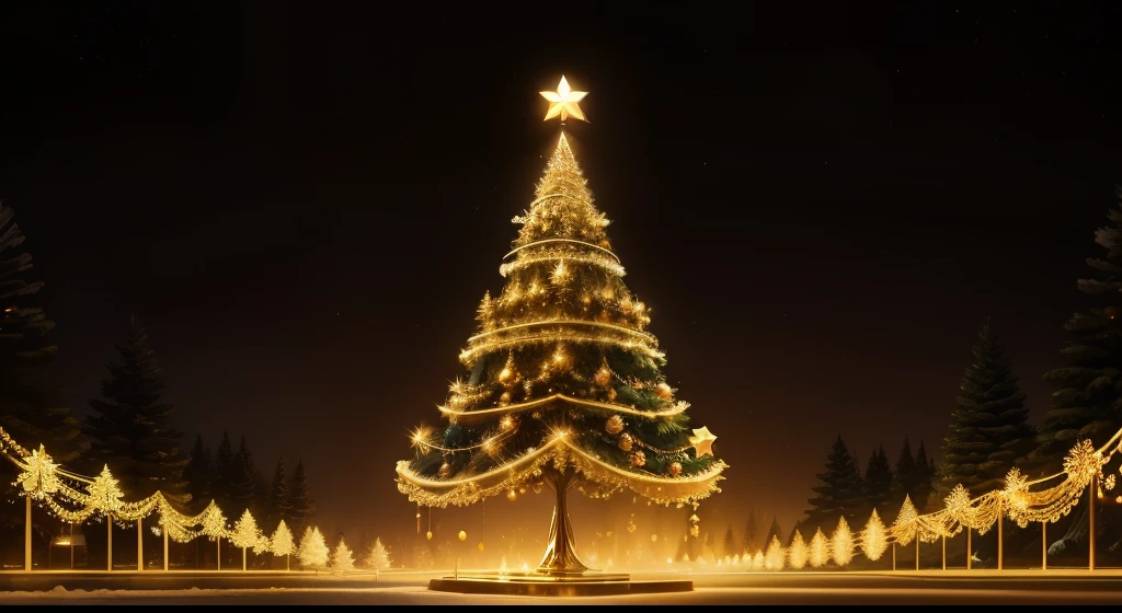 "Golden Christmas tree in an abstract nocturnal landscape"
