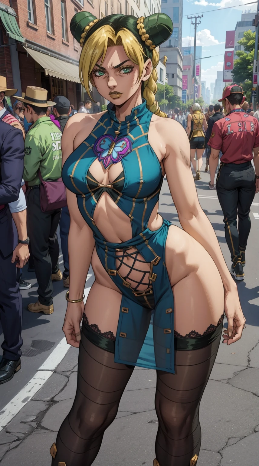 Jolyne Anime, wearing crazy transparent sexy outfit, silk outfit, lace outfit, lashed, bizarre outfit, see through outfit, wide hips, standing on the street, crowd of people,