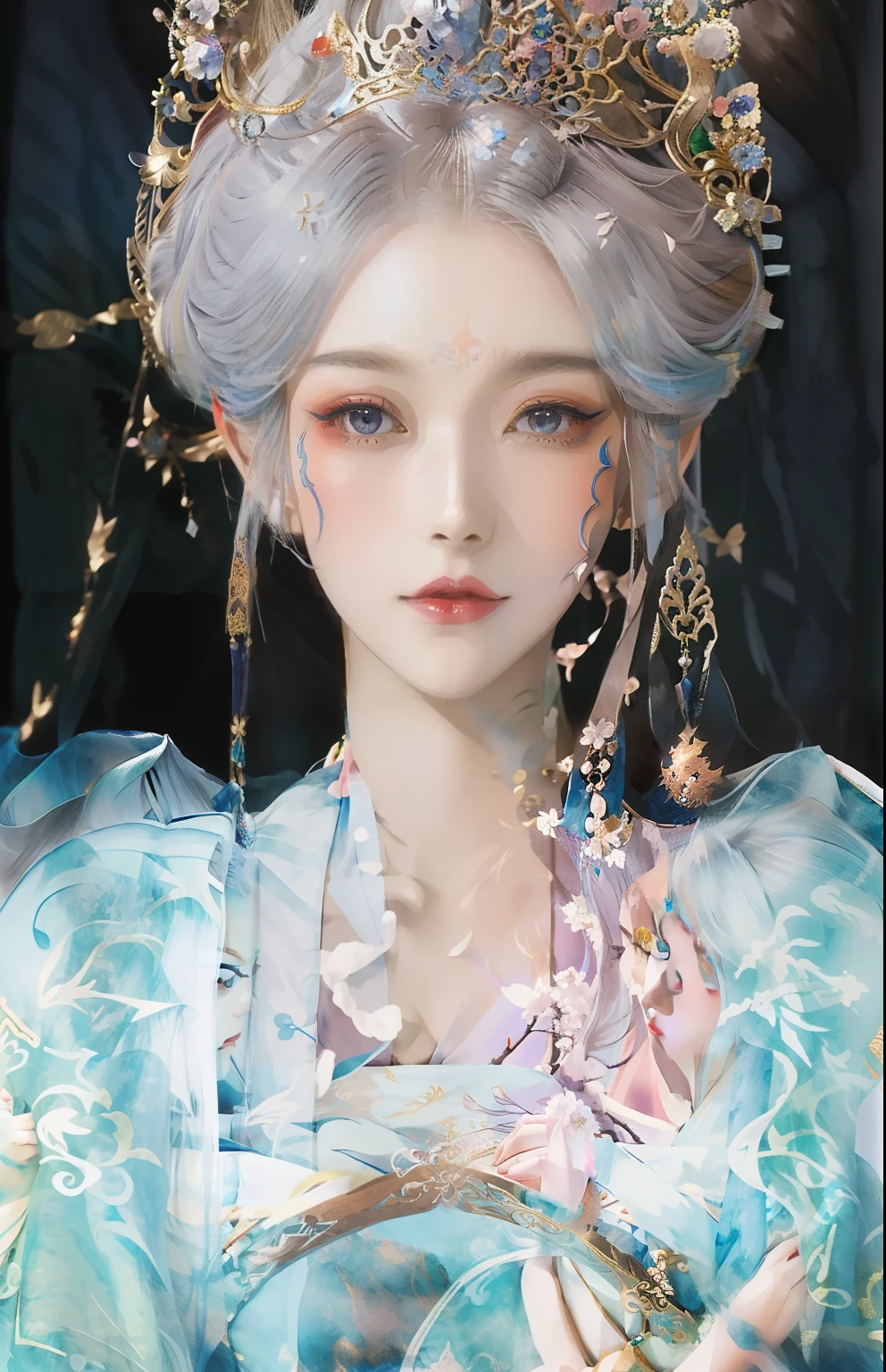 Dressed in blue、Long-haired anime girl wearing a crown, ((beautiful fantasy queen beautiful fantasy queen, Belle peinture de personnage, EtherealBeauty, beautiful anime woman, fantasy art style, beautiful anime style, Beautiful fantasy anime, A beautiful anime portrait, anime goddess, Beautiful anime girls, beautiful and elegant elf queen, Ethereal fantasy, 宮 , A girl in Hanfu