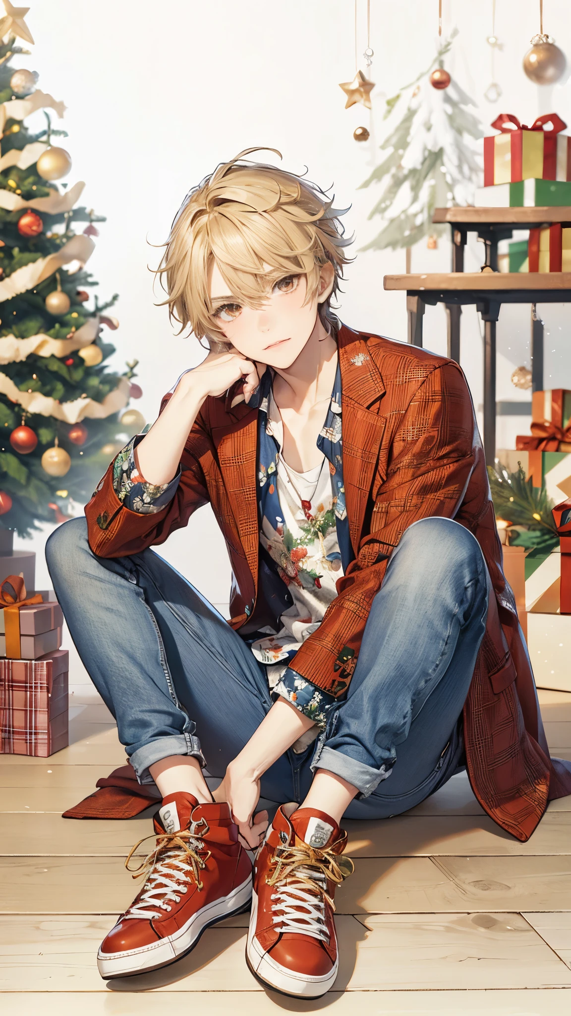 Blond young man, orange eyes, red blazer, floral shirt, blue jeans, red high-top sneakers, sitting on wooden floor, hand resting on cheek, looking pensive, Christmas tree with decorations, gifts, warm festive atmosphere.