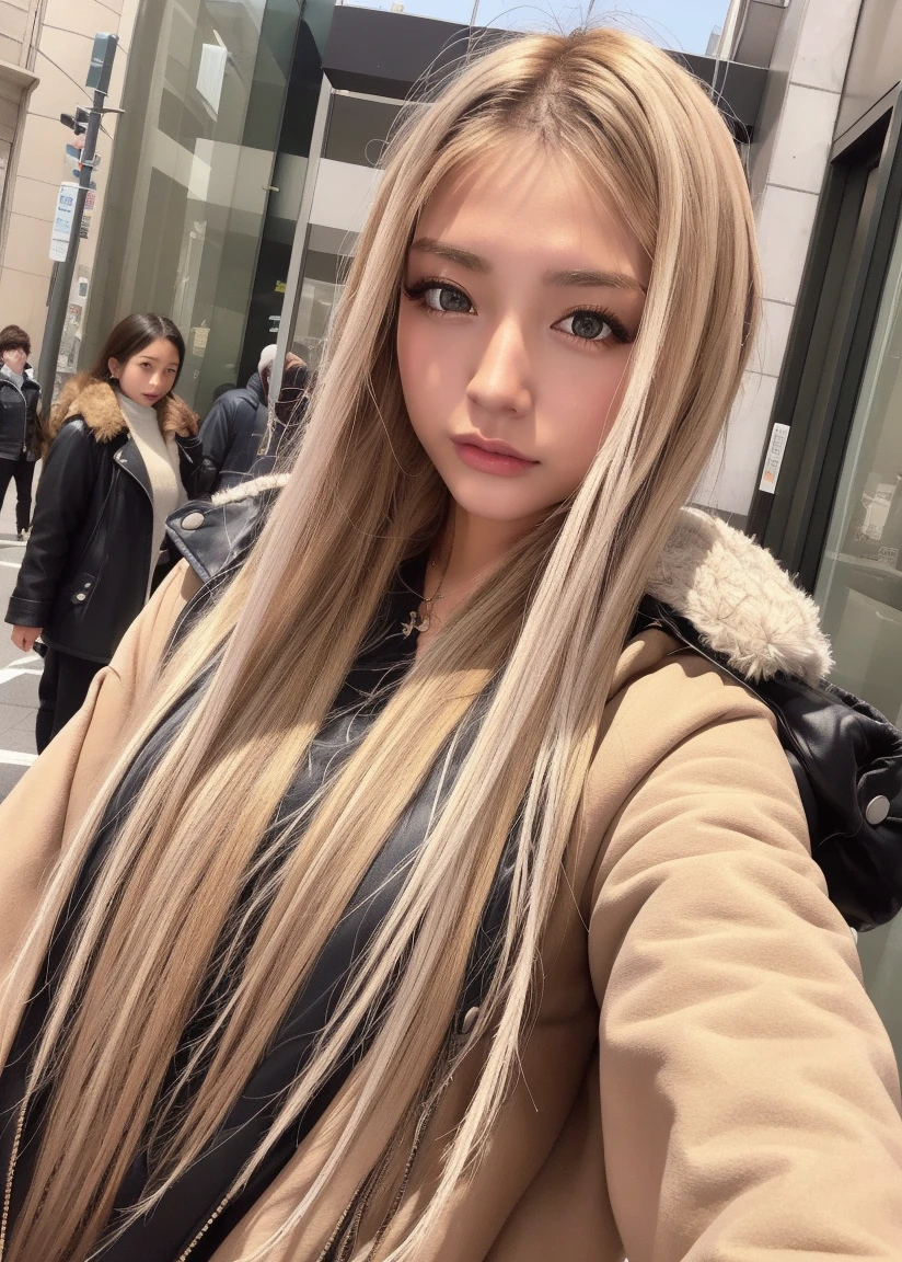 ​masterpiece、top-quality、超A high resolution、（photo realistic1.4）highers、asian human、(Brown race)、Black skin、blonde  hair、1girl in、nffsw,coat、tokyo street,fullllbody