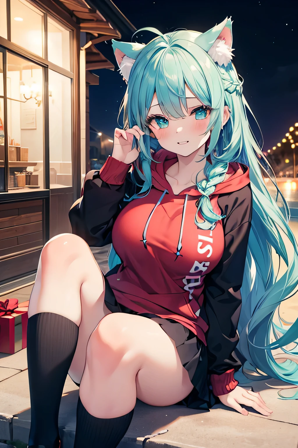 ((masutepiece)), ((Best Quality)), ((8K)), High resolution, 1girl in, Cat ears, Christmas, Beach, Night, Hoodie, Skirt, knee high, Looking Up, Green eye, light blue and blue hair, Long hair, braid, pale skin, Large breasts, blush, Half closed eyes, 牙, smugness,