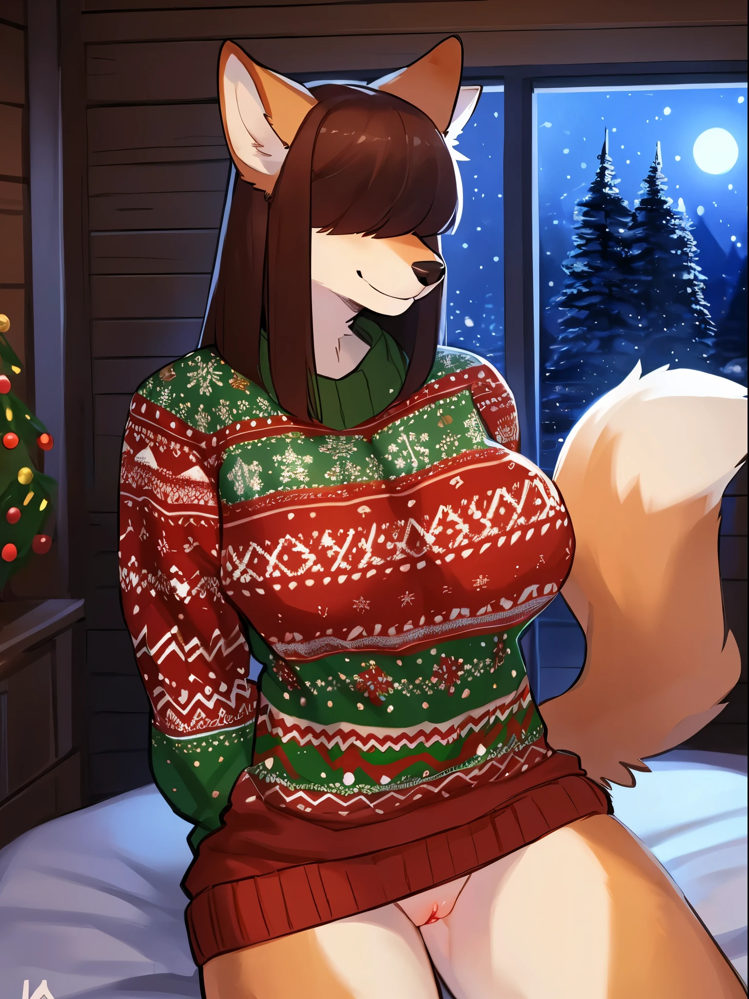 By bebebebebe, by lostgoose, by goonie-san, female, ((canine, snout, hair covering eyes, straight hair, medium hair, flat hair, ears, thin snout)), brown fur, big poofy tail, raised tail, dark maroon hair, (muscular, big breasts), solo, smiling, happy, (((ugly christmas sweater))), no pants, no underwear, bottomless, vagina, bedroom, cabin, fairy lights, night time, winter, warm lighting, dramatic lighting
