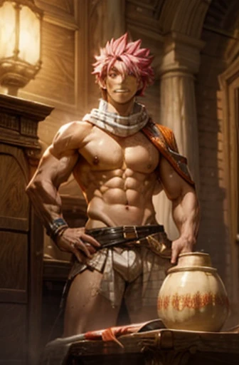 Natsu Dragneel, naked, muscular body and washboard abs and pecs, with cum flowing(medium), ultra-detailed, realistic:1.37, vivid colors, portraits, warm color tones, soft, warm lighting