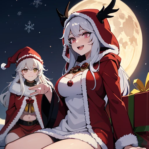 sexy sassy busty laughing, Heterochromia eyes krampus, wearing a fancy Christmas Santa robe with hood in the colors of  silver, gold, and deep dark red color. krampus meditating. In a snow field and the moon in the background