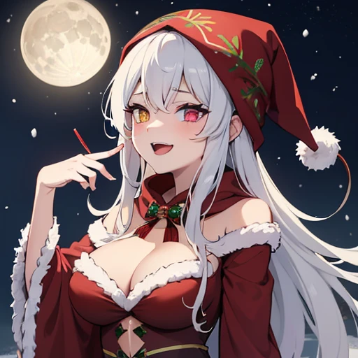sexy sassy busty laughing, Heterochromia eyes krampus, wearing a fancy Christmas Santa robe with hood in the colors of silver, gold, and deep dark red color. krampus meditating. In a snow field and the moon in the background