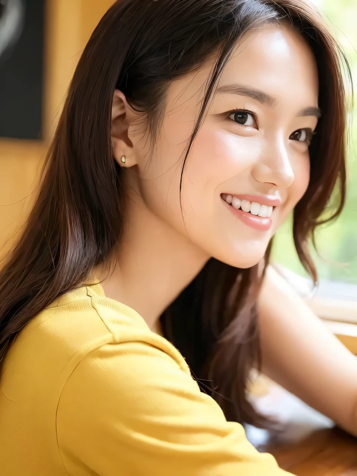 On a table:1.5、40 years、Potrat、独奏、pretty face、medium side cut、nail sharp focus, quality, 高quality, A high resolution、((Close-up of the side of the face))、A brunette one,Peek at viewers、A smile