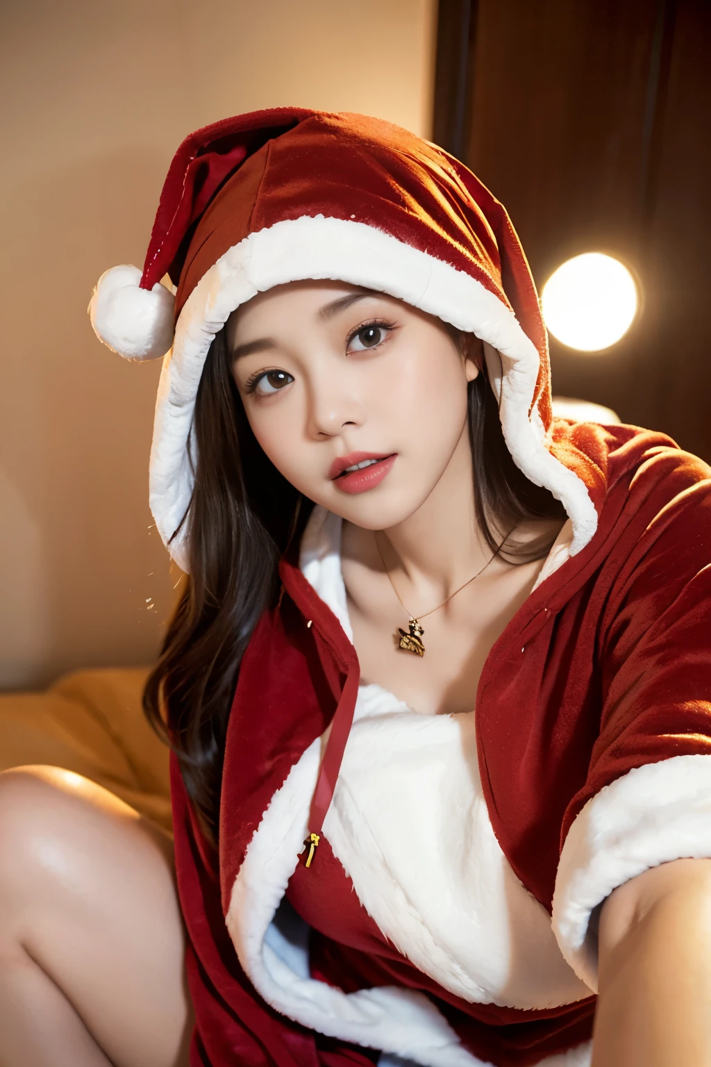 ighly detailed、masterpiece、top-quality、Ultra-high decomposition energy A、High resolution in 8K、Photogenic clarity、A detailed eye、Gradation、perfect anatomy body proportions , Nikon Z9 80mm Lens, masutepiece、dental malocclusion, (:1.6)、Beautiful posture、Yes NSFW、Detailed eyebrows、A detailed eye、Detailed nose、Detailed mouth、Detailed ears、The face of the golden ratio、(Facial expressions waiting for a kiss)、(Curvaceous)、(Ideal proportions)、High definition eyes beautiful legs、long neck、Lashes、(((natural soft light、Put your ears out、gazing at viewer、Entice your audience、、Highlights in the eyes)))、(Photorealsitic:1.4), Shadow、(Top image quality:1.0), (超A high resolution:1.0), 8K, Raw photography, (masterpiece:0.2), (pureerosface),Curvaceous、(Poses to seduce:1.5)、When you shine light on your face, brightened、
BREAK
//lo fashion、cozily、ellegance,
(sexy santa claus hoodie:1.4),Heart Necklace