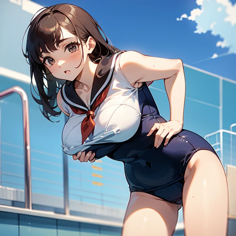 ((masuter piece　Top image quality　top-quality)) ((30 years old beautiful))　((breastsout)) ((School swim wear:1.5)) ((Wheat-toned skin))　from below looking up.　 Sunny poolside