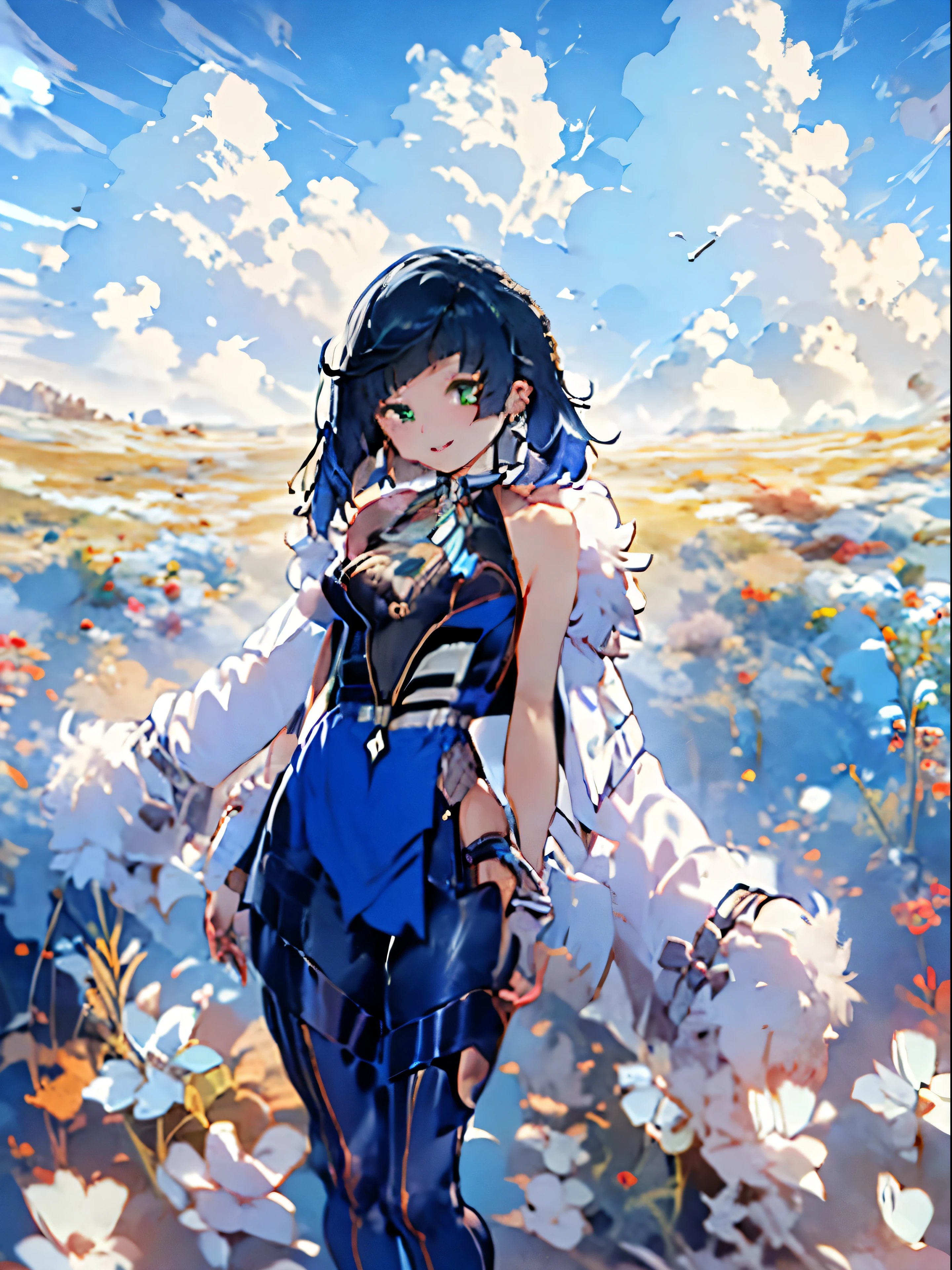masterpiece, best quality, 1girl, yelan, genshin impact, black hair, dark blue hair, short hair, light emerald-green eyes, tall, pale skin, blue qipao-like overcoat and a dark bodysuit embellished with silver detail, white bracelets on her arms, a number of chokers and necklaces around her neck from which a charm resembling a die hangs, white coat hanging from the back of her outfit, thigh-high boots that leave a part of her thigh exposed, where her Hydro Vision is attached, a pair of white blue-tipped earrings resembling teardrops, smile, showing teeth, eyes close, holding glaze lily flower, park, garden of glaze lily's flower, blue sky, trees, white cloud