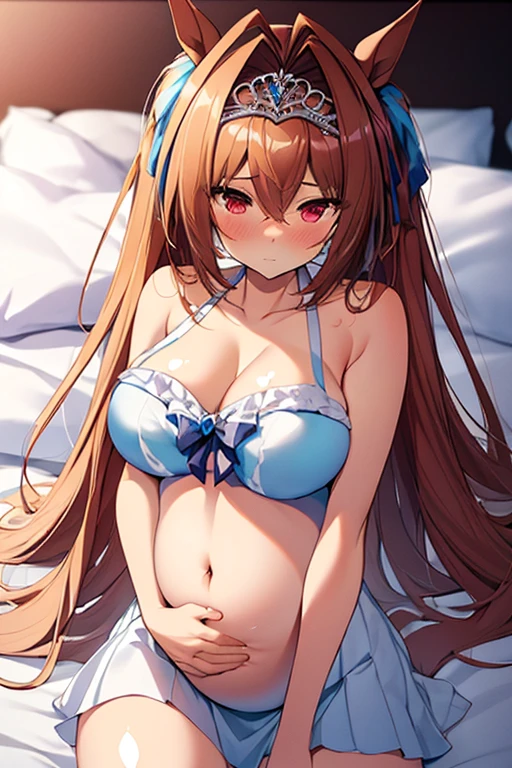 (((masterpiece, best quality, highres, UHD, perfect pixel, depth of field, 4k, RTX, HDR))), 1girl,  (lying on bed:1.2), on back, spread legs, pillow, embarrassed, (red blush:1), very huge breasts, brown hair, long hair, twintails, (red eyes:1), collarbone, white bikini, navel, side-tie bikini, (a sexy), beach, ocean, blue sky, looking at viewer, {{Extremely delicate and beautiful}}, the Extremely Detailed CG Unity 8K Wallpapers, (Shiny hair:1.2), (Shiny skin:1.5),(pregnant stomach bloatedbelly),.