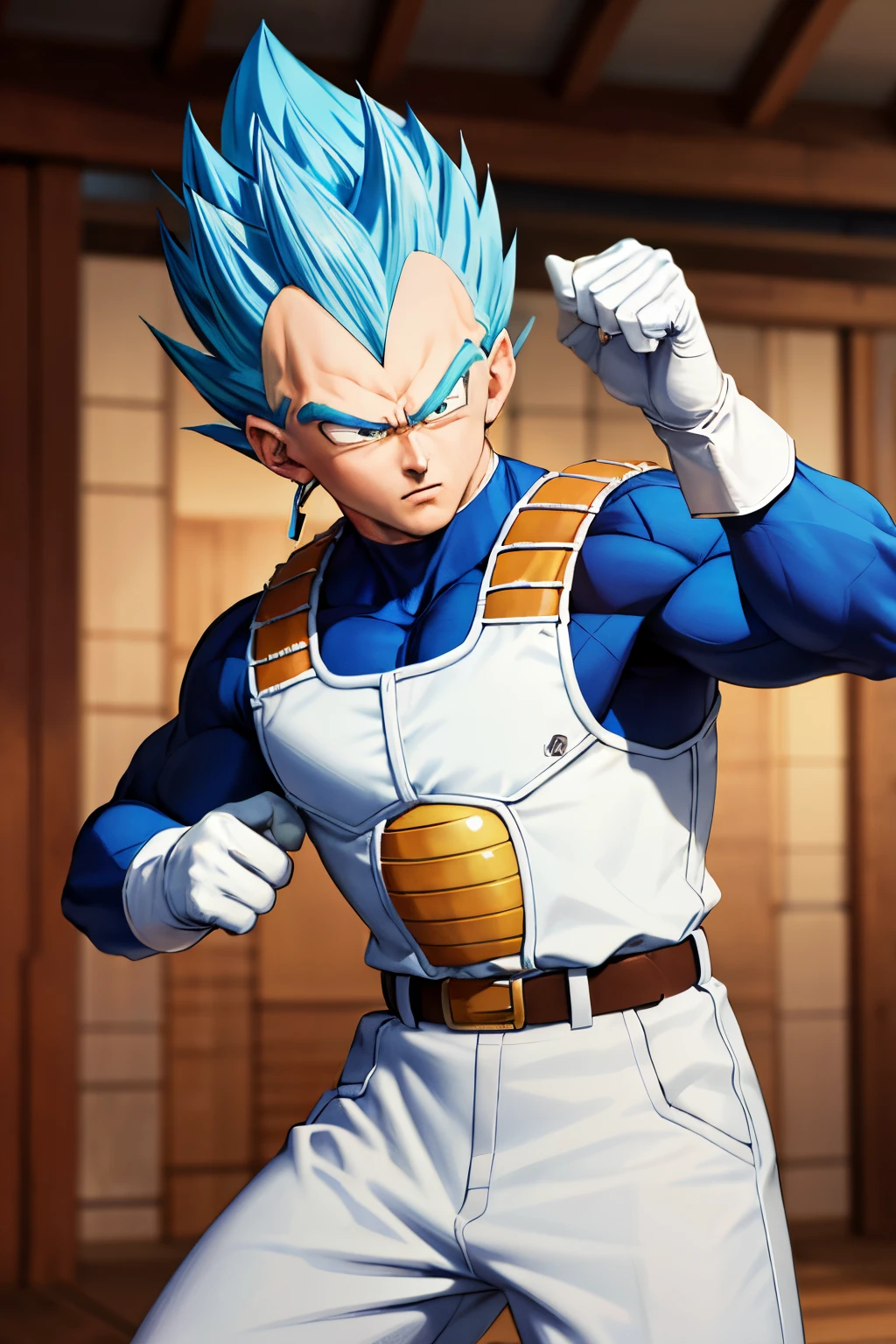 (masterpiece, best quality: 1.2), cowboy shot, solo, male focus, 1boy, vegeta, serious, looking at the viewer, spiked blue hair, green eyes, armor, white gloves, martial arts