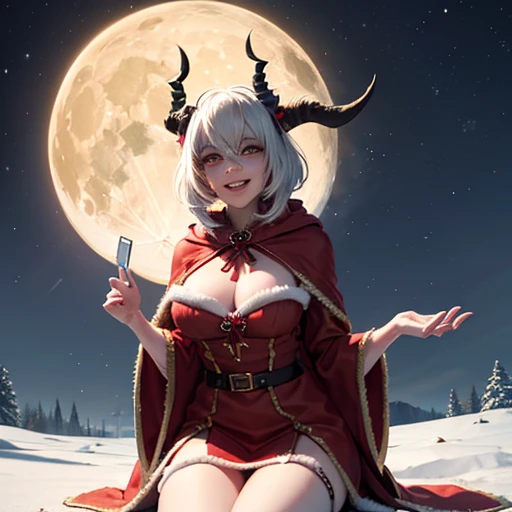 sexy sassy busty laughing, Heterochromia eyes krampus, wearing a fancy Christmas Santa robe with hood in the colors of  silver, gold, and deep dark red color. krampus meditating. In a snow field and the moon in the background