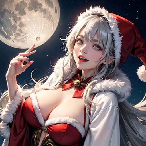sexy sassy busty laughing, Heterochromia eyes krampus, wearing a fancy Christmas Santa robe with hood in the colors of silver, gold, and deep dark red color. krampus meditating. In a snow field and the moon in the background