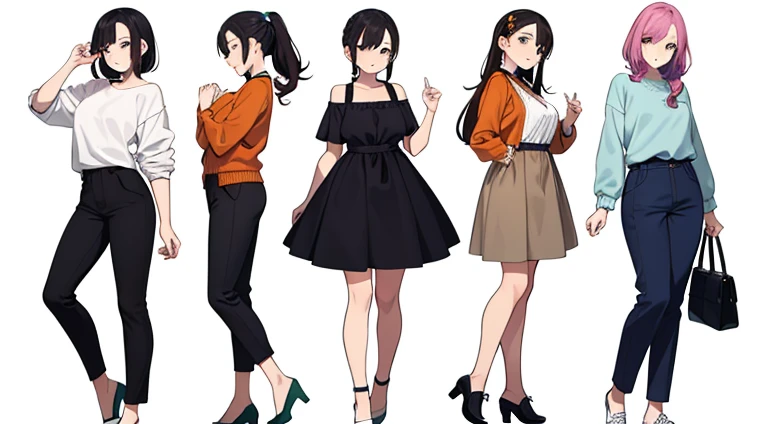 (((Best Quality))) , ((full body)), female, multiple views, white background, variety of hairstyles, variety of fashion styles, seductive pose, fashionable and trendy atmosphere, holding bag,
blue, orange, green, violet, brown, white,