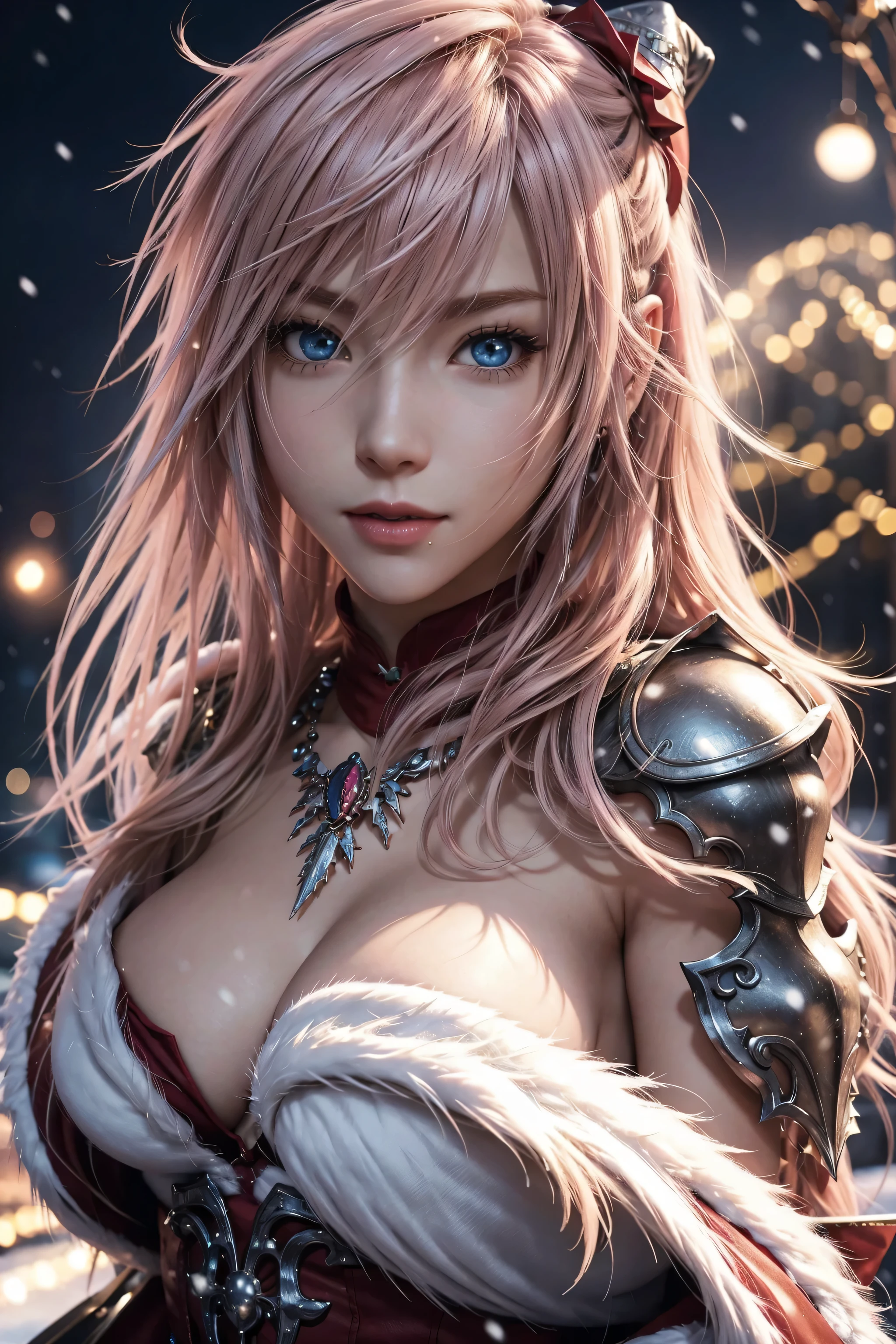 The best piece,Artistically beautiful,Lightning,Final Fantasy 13,FF1 pink blonde,Medium Hair,Light permed hair,Curly hair on one side,Letting down your bangs,A beautiful Blue eyes,beautiful and high nose,santa costume,Santa's Hat,christmas armor,christmas sword,Santa Claus's coat,Use blizzard magic,Photorealsitic,An ultra-high picture quality,hightquality,​masterpiece,Digital SLR,Detailed details,Intricate details,Based on anatomical grounds,Depicted in detail,Detailed face,realistic skin textures,Vivid details,perfect anatomia,perfect anatomia,Anatomically correct hand,Anatomically correct fingers,Super Detail,Complex 3D Rendering,Colossal tits(hiding breast),sexy  pose,bright red claws,beautiful christmas,Beautiful night view,Fantastic night view,final fantasy cityscape,Fantasy worldview,Gorgeous Christmas Tree,white Christmas,neon color,Beautiful cityscape,mysterious snow scene,It's snowing,,Picturesque beauty,Photograph the whole body,9 head body,Red Lip,Beautiful curly hair,Luxurious necklace,emphasize the beautiful whole body,Beautiful nails,A smile,