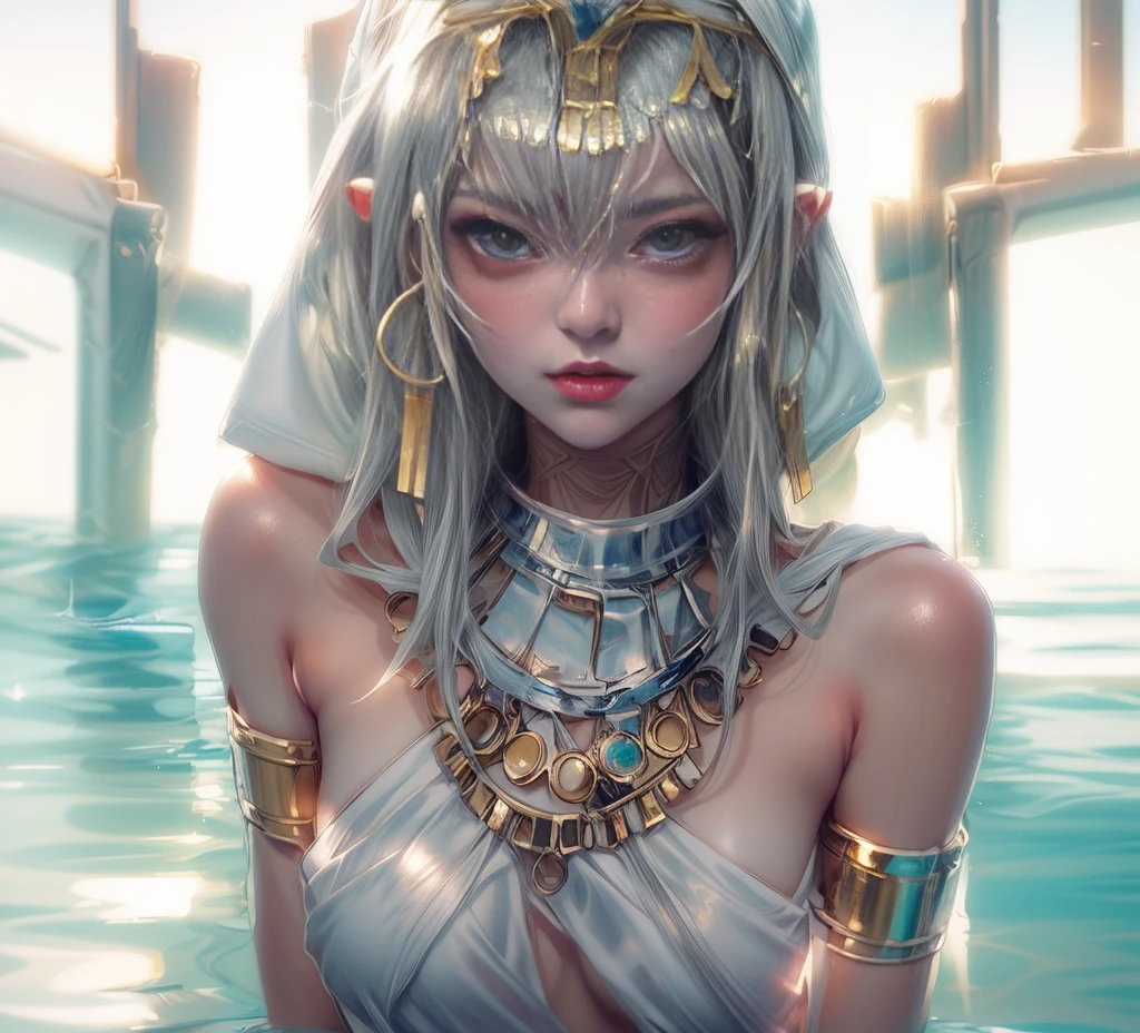 anime girl in a white dress in a pool with a gold crown, by Krenz Cushart, krenz cushart and artgerm, wlop and krenz cushart, detailed digital anime art, artwork in the style of guweiz, alena aenami and artgerm, artgerm. anime illustration