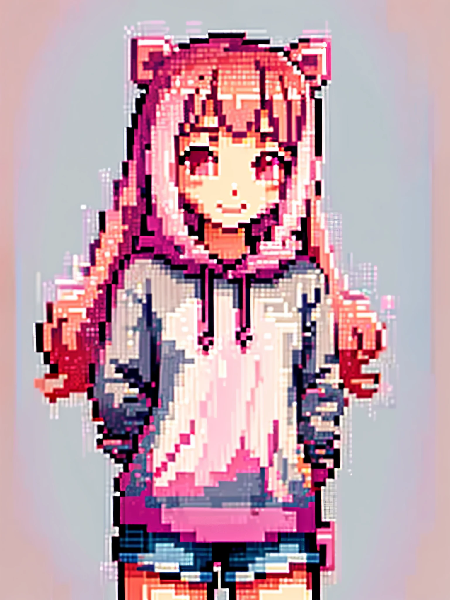 girl in pink long hair, cute, cool pose, selfie, masterpiece, highly detailed, best quality, sharp focus, soft lighting, limited color palette, pastel colors, cute, dark skin, smile, solo, dark brown hoodie, blue shorts, Pink eyes, (pink hair: 0.6), (blue hair: 0.8), (gradient hair: 0.6), short hair, Bratis, pixel art