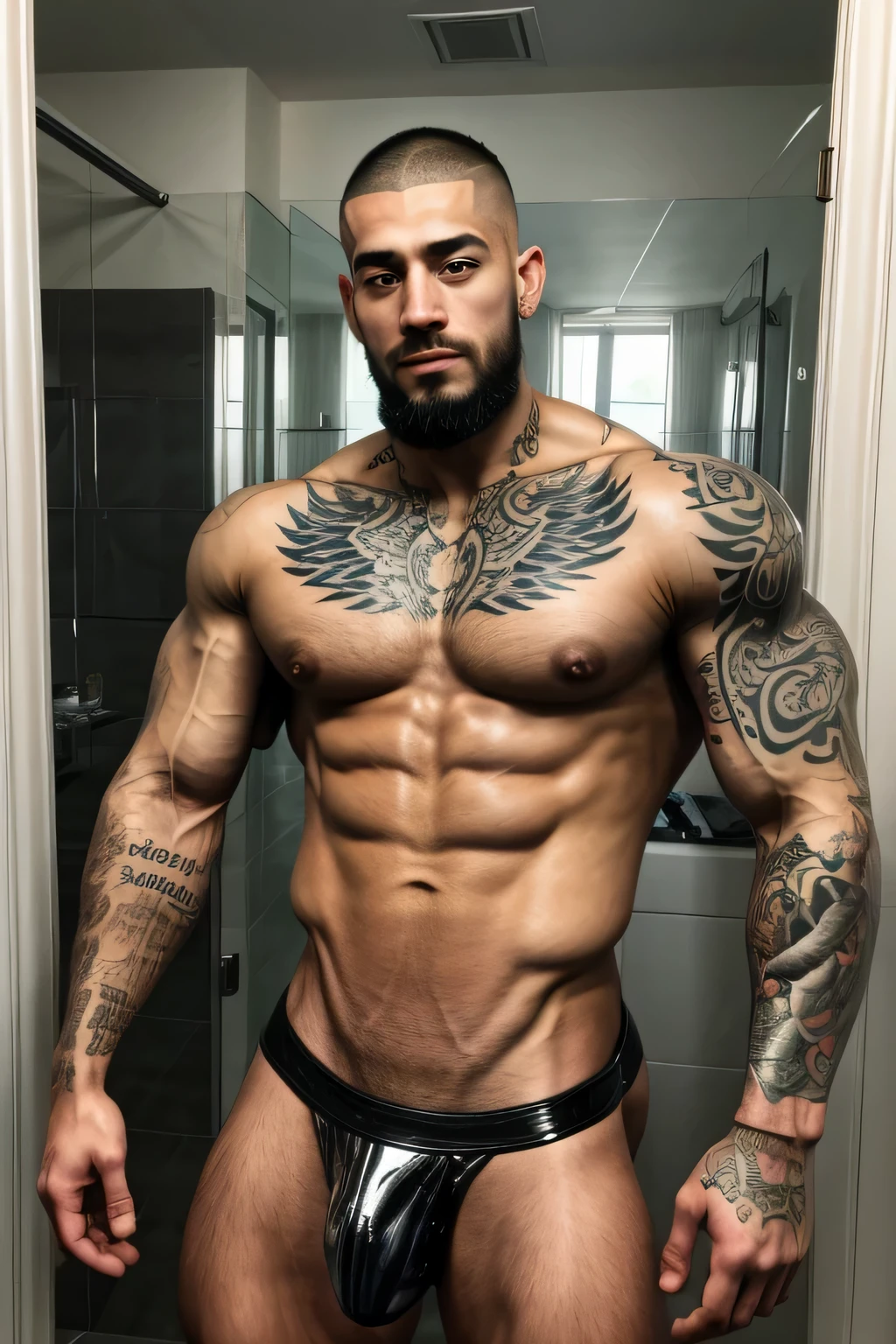 arafed man with tattoos taking a selfie in a bathroom mirror, ernest khalimov body, shirtless biden with tatoos, muscular body tattooed, with tattoos, tattooed man, tattoos all over the skin, arms covered in gang tattoo, fully tattooed body, lower half of his body is snake, tattooed body, inked, bodybuilder ernest khalimov, singer maluma, 8k realistic, ultra-detailed photo, bulgeJ8, buzzcut,  wearing shiny thongs,