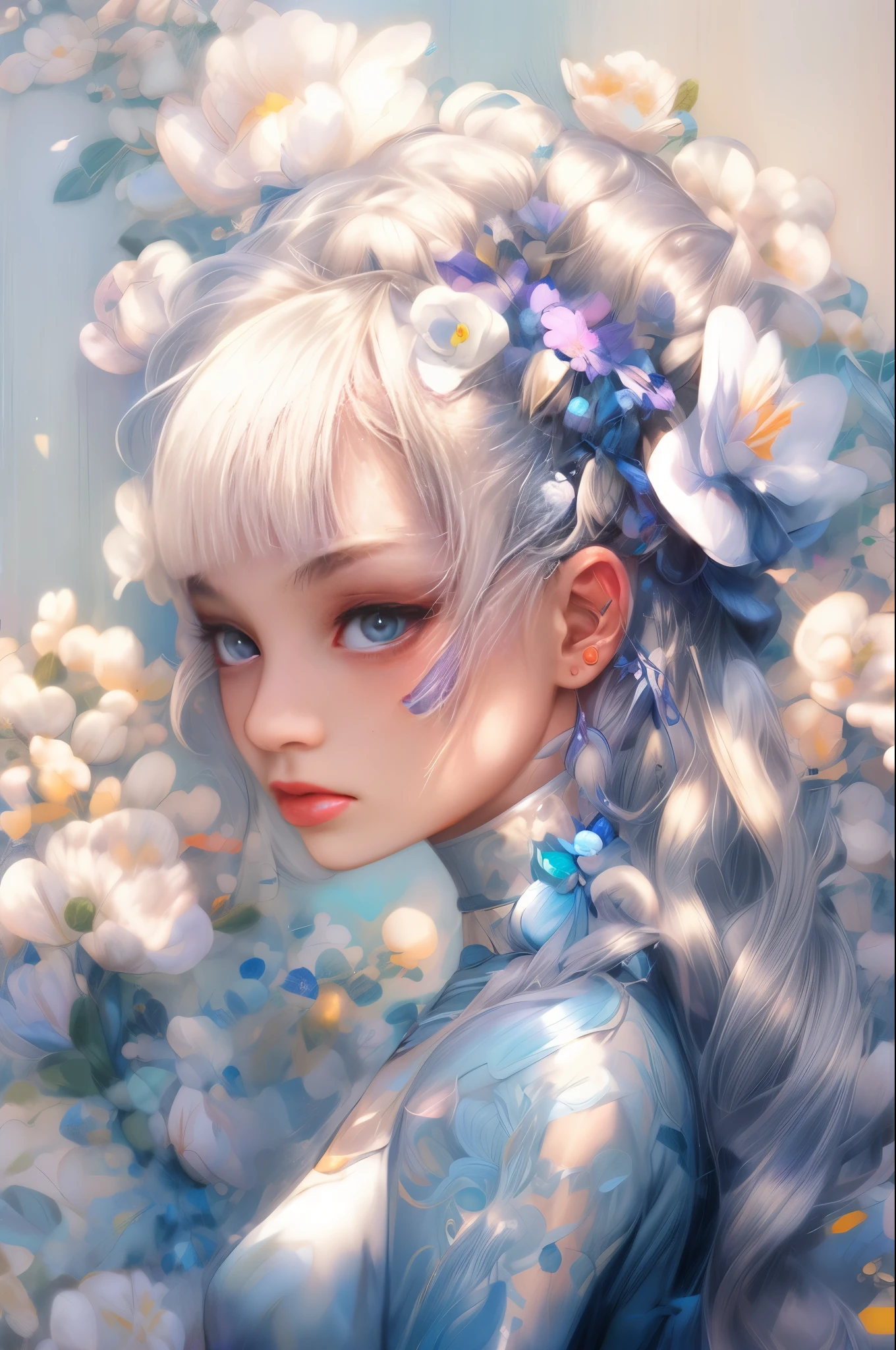 painting of a woman with white hair and flowers in her hair, loish and ross tran, loish and wlop, beeple and jeremiah ketner, james jean and wlop, ross tran 8 k, wlop and ross tran, beeple and james jean, intricate wlop, ross tran and wlop, wlop art, painting by android jones