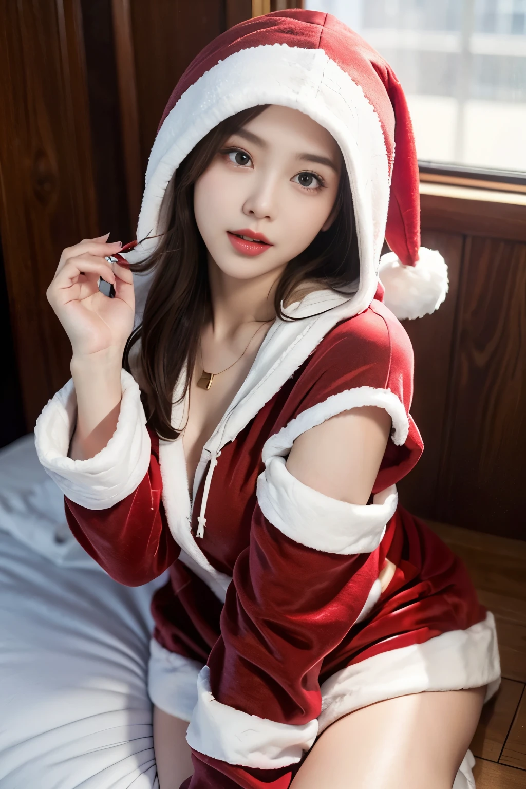 ighly detailed、masterpiece、top-quality、Ultra-high decomposition energy A、High resolution in 8K、Photogenic clarity、A detailed eye、Gradation、perfect anatomy body proportions , Nikon Z9 80mm Lens, masutepiece、dental malocclusion, (:1.6)、Beautiful posture、Yes NSFW、Detailed eyebrows、A detailed eye、Detailed nose、Detailed mouth、Detailed ears、The face of the golden ratio、(Facial expressions waiting for a kiss)、(Curvaceous)、(Ideal proportions)、High definition eyes beautiful legs、long neck、Lashes、(((natural soft light、Put your ears out、gazing at viewer、Entice your audience、、Highlights in the eyes)))、(Photorealsitic:1.4), Shadow、(Top image quality:1.0), (超A high resolution:1.0), 8K, Raw photography, (masterpiece:0.2), (pureerosface),Curvaceous、(Poses to seduce:1.5)、When you shine light on your face, brightened、
BREAK
//lo fashion、cozily、ellegance,
(sexy santa claus hoodie:1.4),Heart Necklace