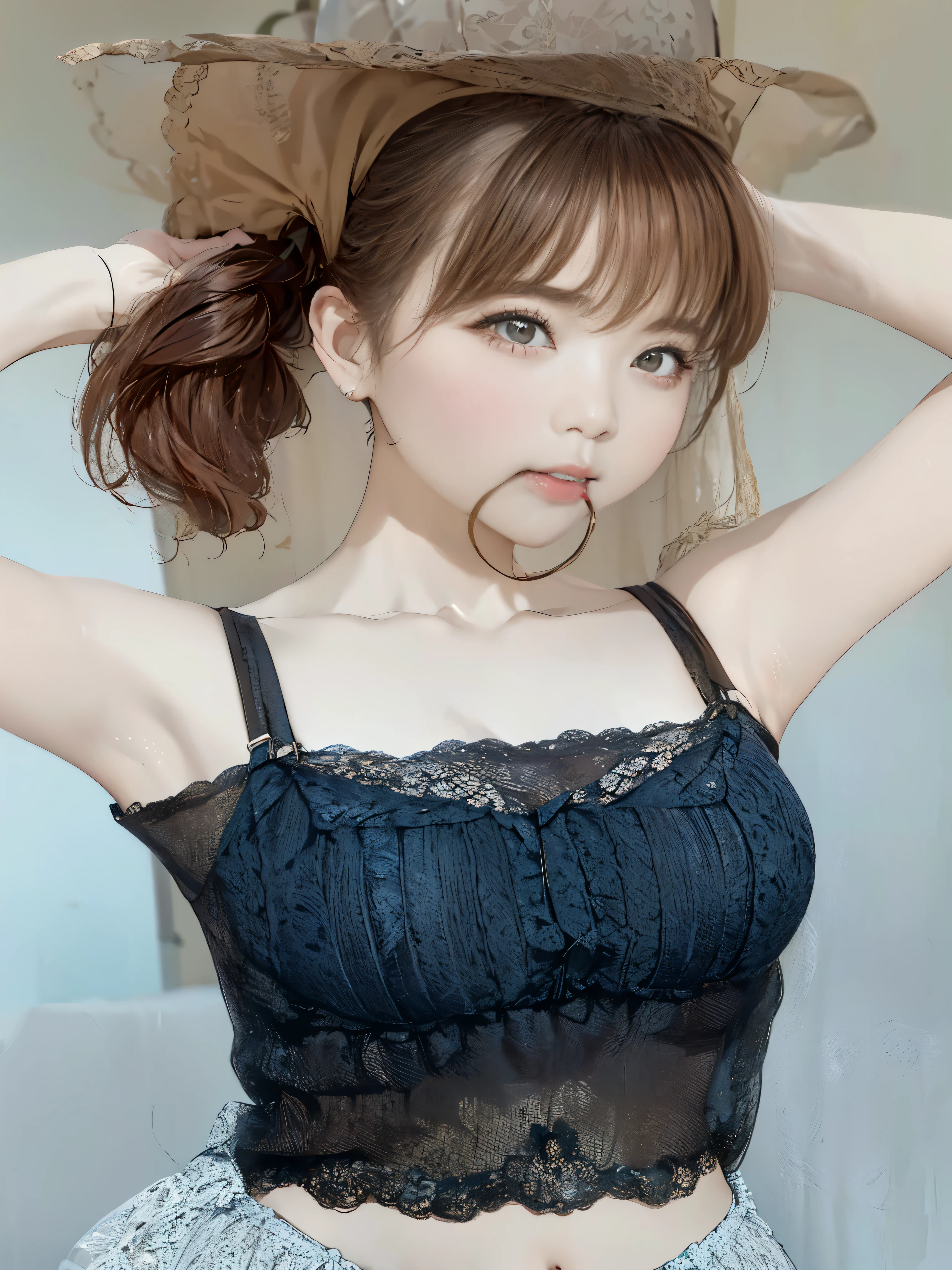 There is a woman wearing a ring around her neck and taking a photo..., girl cute-fine-face, 奈良美智, 🤤 girl portrait, ulzzangs, chiho, sakimichan, sakimichan, 2263539546], clear lips and high quality