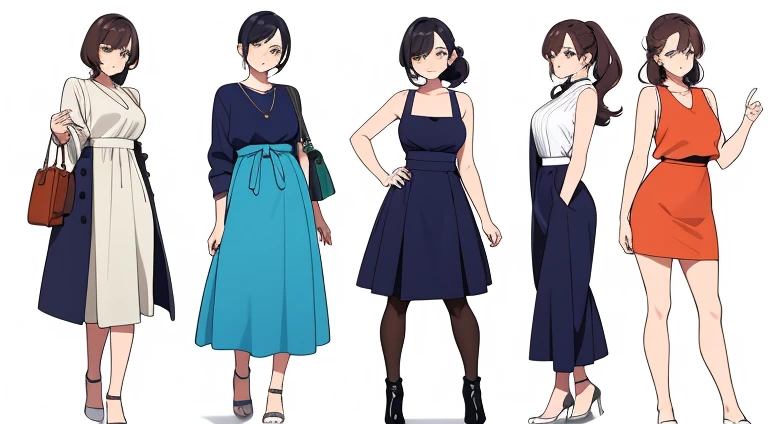 (((Best Quality))) , ((full body)), female, multiple views, white background, variety of hairstyles, variety of fashion styles, seductive pose, fashionable and trendy atmosphere, holding bag,
blue, orange, green, violet, brown, white,