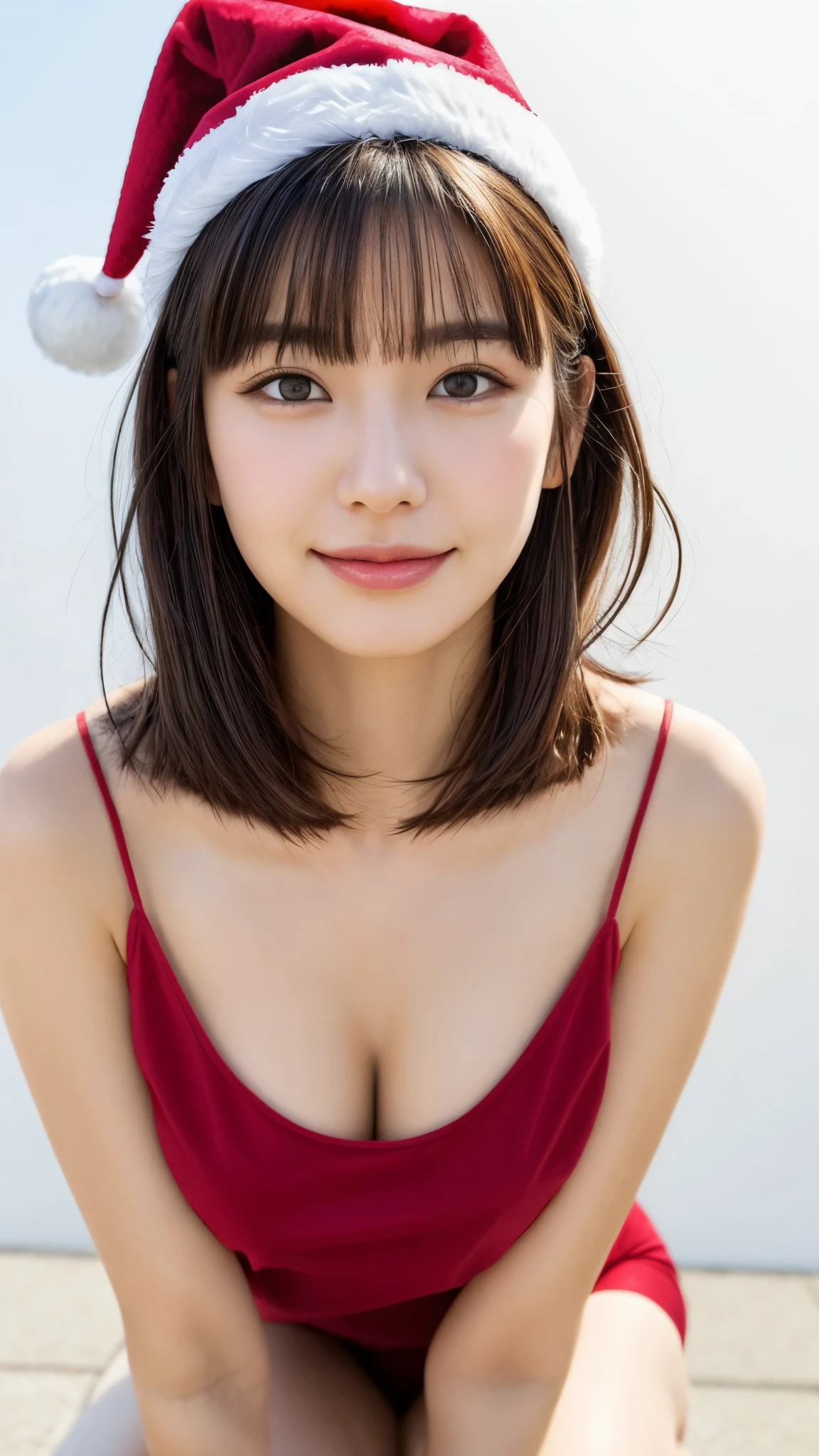 pee (incontinence: 1.47), Fashion trendy beautiful and charming woman, gentle and charming Chinese beautiful woman, Korean (Kpop Idol), Delicate and sexy collarbone, charming oval face, Double eyelids, smart [momo] Flower eyes, Pink lips, small nose, Bare shoulders, Focus on Face, [[Face Close-up], Ultra high definition, Super Detail, White off-shoulder lace shirt, (((Black) Impressive lace panties, natural (Large: 1.25), (kneel down on the ground), (Legs wide open), (Legs spread), (from a low angles), (Upright 1.5), (Shiny skin: 1.4), (low angles)), Perfect figure, The areol, cleavage, Underarm wrinkles、urine is dirty)), (NSFW: 1.05), ( Showpiece, of the highest quality, highly accurate)), One girl, (Big, Photorealistic: 1.4), (Slightly above the camera, Looking Up at the camera, Looking Up, Looking Up at the camera, staring directly at camera))), Solo, Solo, White background, snow-White background, Mouth closed, Happy smile, pretty Black hair, Short hair, Big eyes, pronounced Double eyelids, Eyelashes, Ears out, long neck, long neck, Absolute area, ((Close-up of face, Short hair with Bangs)), 19 years old, Attractive proportions, Shiny skin, Clean collarbone, Golden Ratio Face, Perfect face, tear moles, chest moles, Bangs, clean Bangs, beautiful Bangs, Lip gloss, thin lips, White skin, Undressed, Big breasts, a small face, staring directly at camera a little upwards, ((Smile a little at the camera, really nothing pure White backgroundVery Big, Big Big, Big breasts)), (((Santa Claus Costume, Santa Claus hat)))
