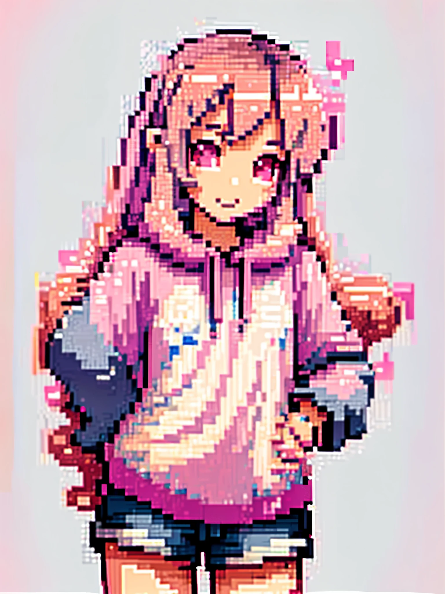 girl in pink long hair, cute, cool pose, selfie, masterpiece, highly detailed, best quality, sharp focus, soft lighting, limited color palette, pastel colors, cute, dark skin, smile, solo, dark brown hoodie, blue shorts, Pink eyes, (pink hair: 0.6), (blue hair: 0.8), (gradient hair: 0.6), short hair, Bratis, pixel art